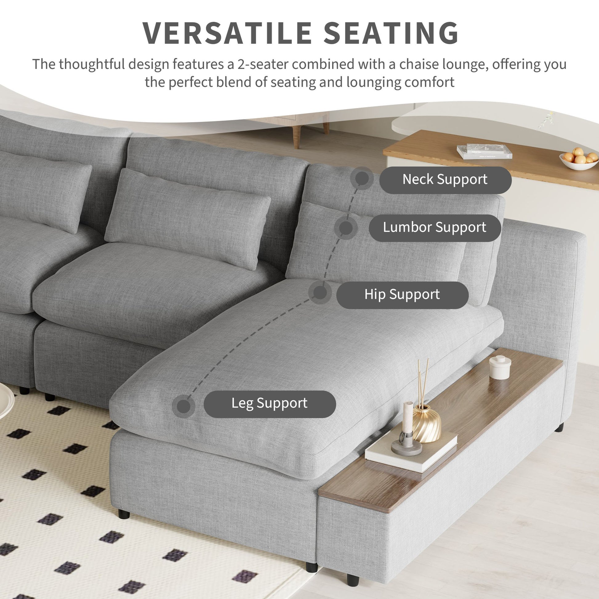 L Shaped Modular Sectional Sofa With Removable Back Cushions,3 Pillows And 2 Storage Spaces,Suitable For Living Rooms,Offices And Apartments Gray Polyester 3 Seat