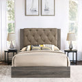 Brown And Rustic Grey Oak Tufted Queen Bed Box Spring Required Queen Brown Wood Bedroom Transitional Panel Wood Fabric