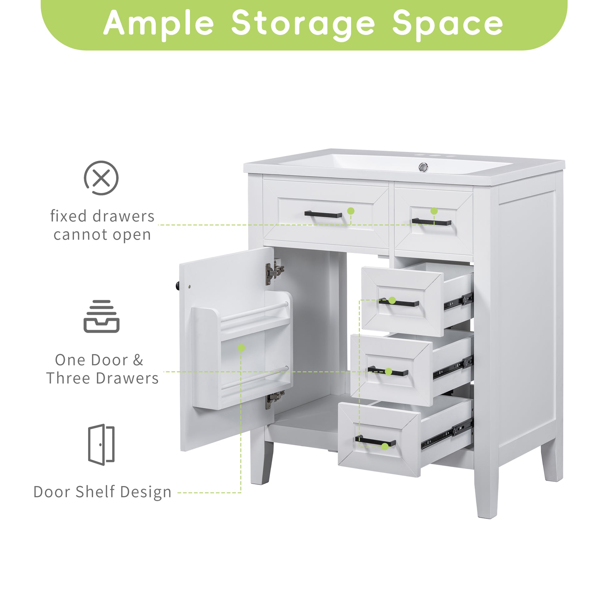 30" Bathroom Vanity With Sink Combo, White Bathroom Cabinet With Drawers, Solid Frame And Mdf Board Old Sku:N725S999222K White Solid Wood Mdf