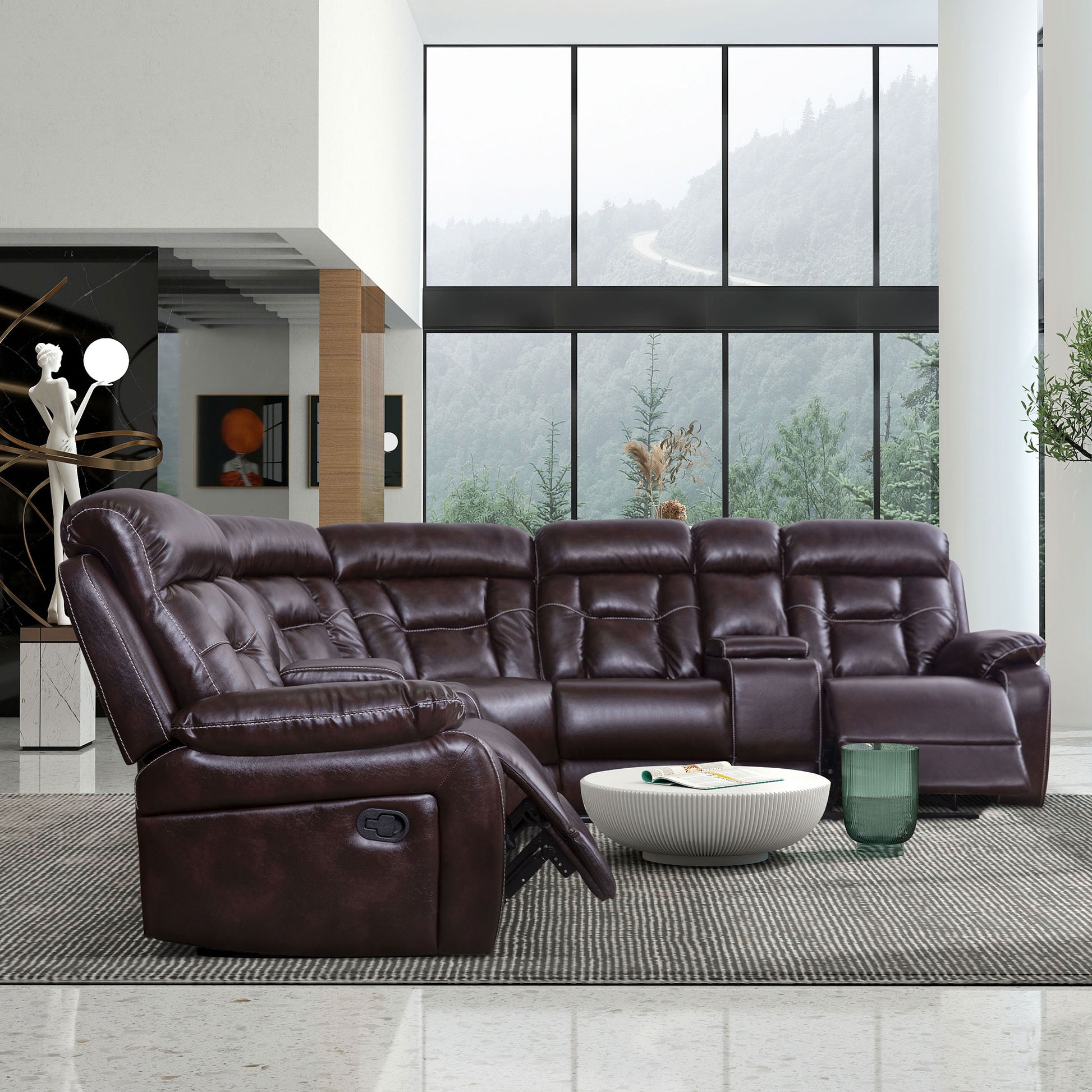 Sectional Sofa With Manual Reclining Brown Brown Pu 5 Seat