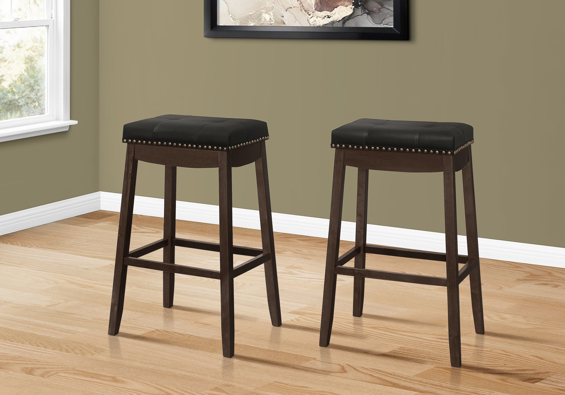 Bar Stool, Set Of 2, Bar Height, Saddle Seat, Brown Wood, Black Leather Look, Transitional Espresso Foam Solid Wood