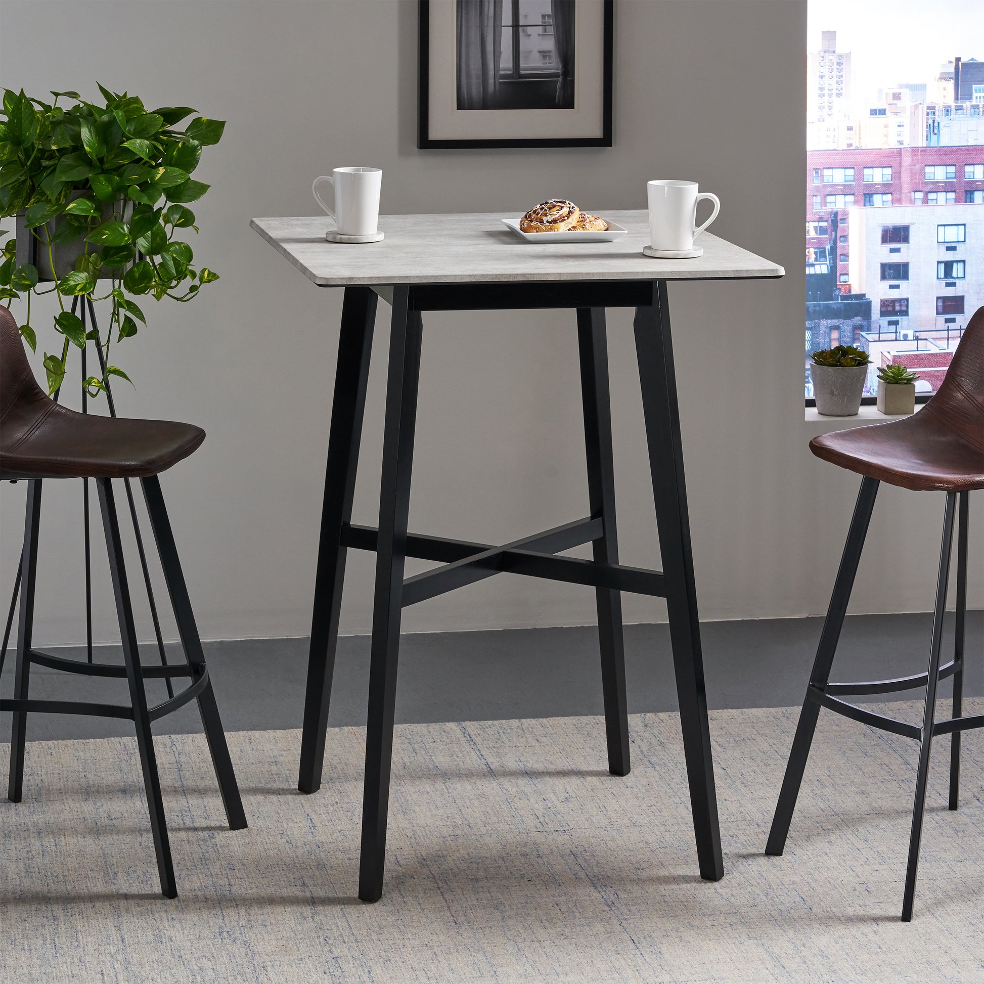 Modern Bar Height 42" Dining Table, Rubberwood Legs And Laminate Table Top, Gray Finish, Black Cement Grey Mdf