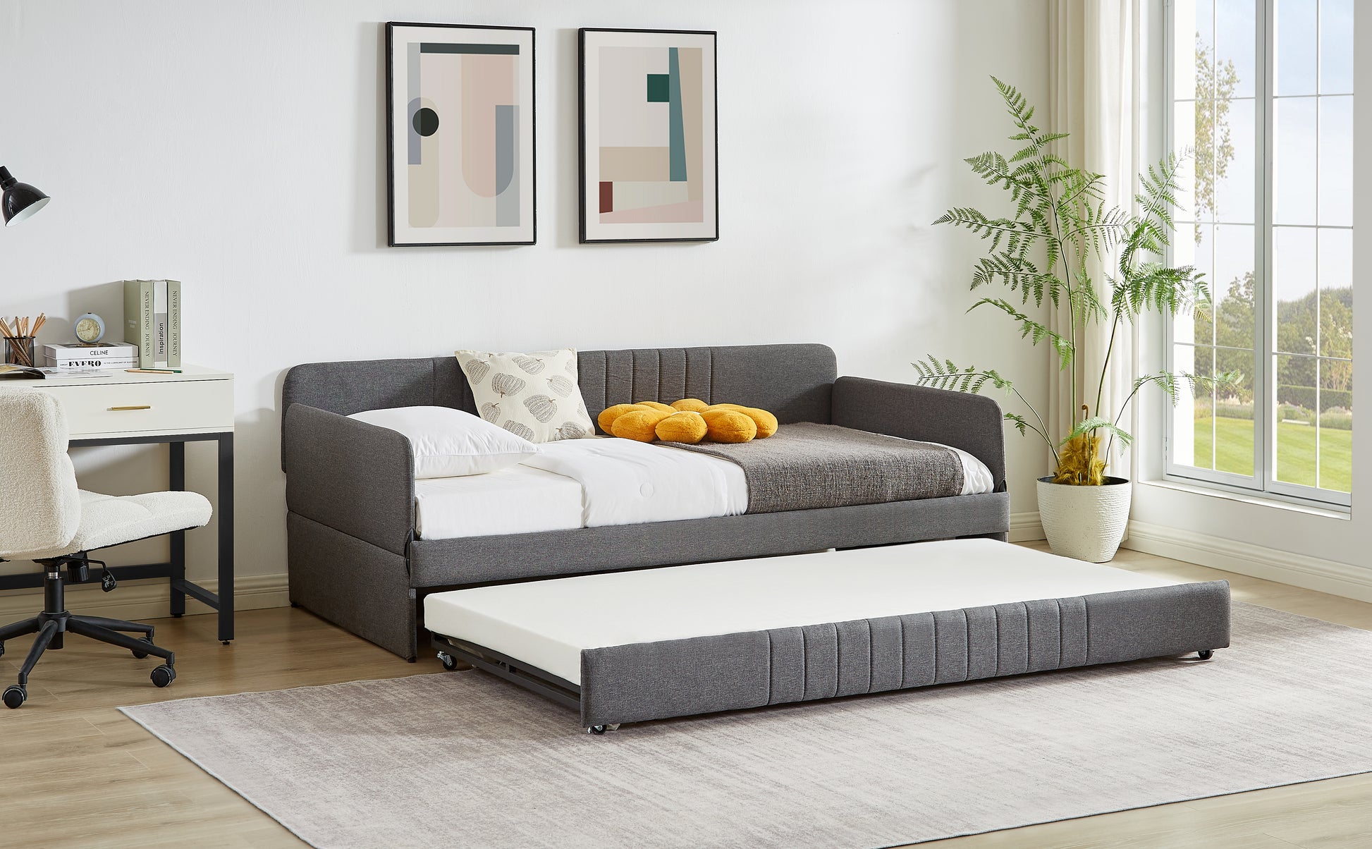Daybed, Sofa Bed Metal Framed With Trundle Twin Size, Grey, 78.4''L X 41''W X 29.8''H. Twin Grey Iron
