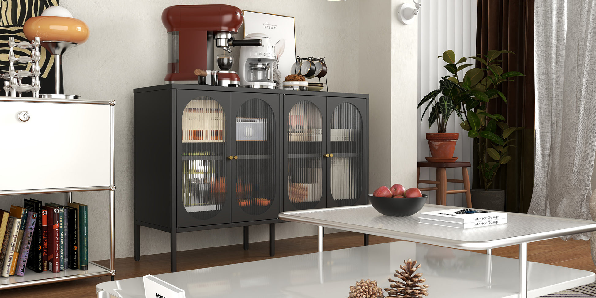 Metal Sideboard Cabinet With 4 Glass Door, Steel Locker Sideboard Buffet Cabinet, Sideboard Buffet Cabinet With 4 Doors, Kitchen Storage Cabinet, Coffee Bar Cabinet For Kitchen, Living Room, Black