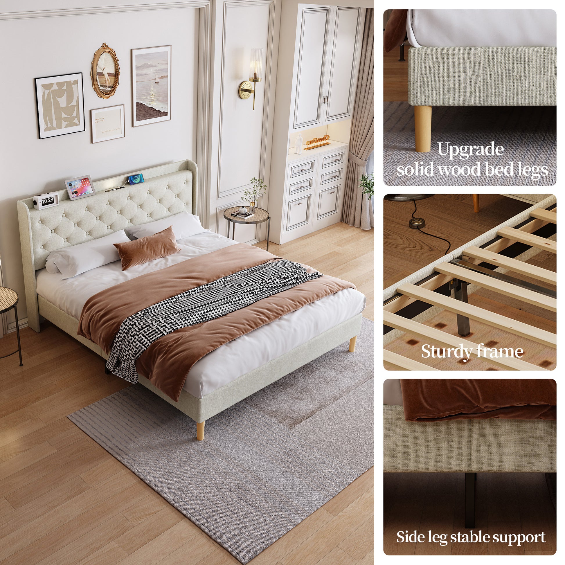 Queen Size Bed, Mesh Backboard Beautiful, With Led Lights, Cotton And Linen Fabric, Frame Stability, Easy To Assemble,Light Gray Queen Light Gray Mdf Acacia