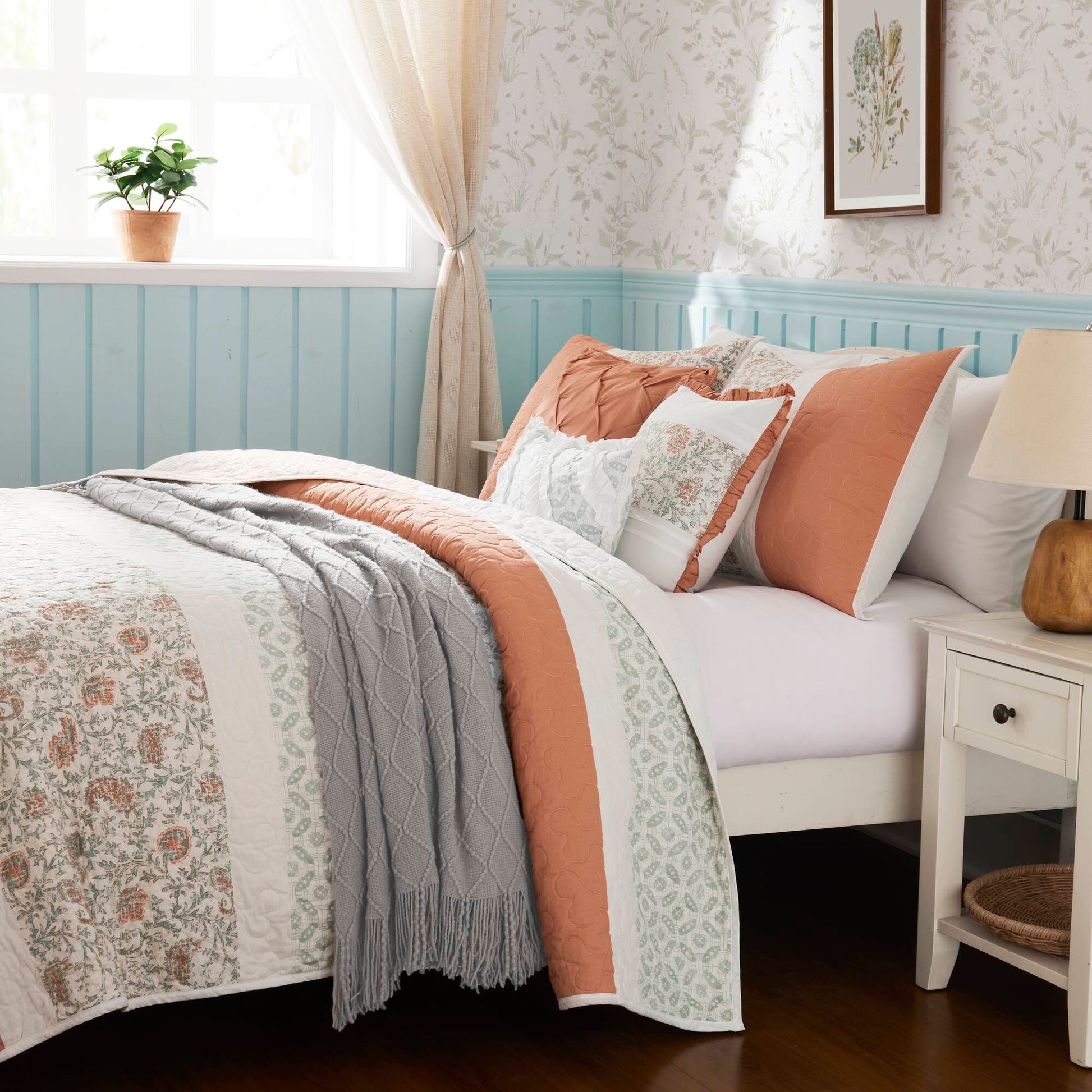 6 Piece Cotton Percale Quilt Set With Throw Pillows Coral Full Queen Full Coral Polyester