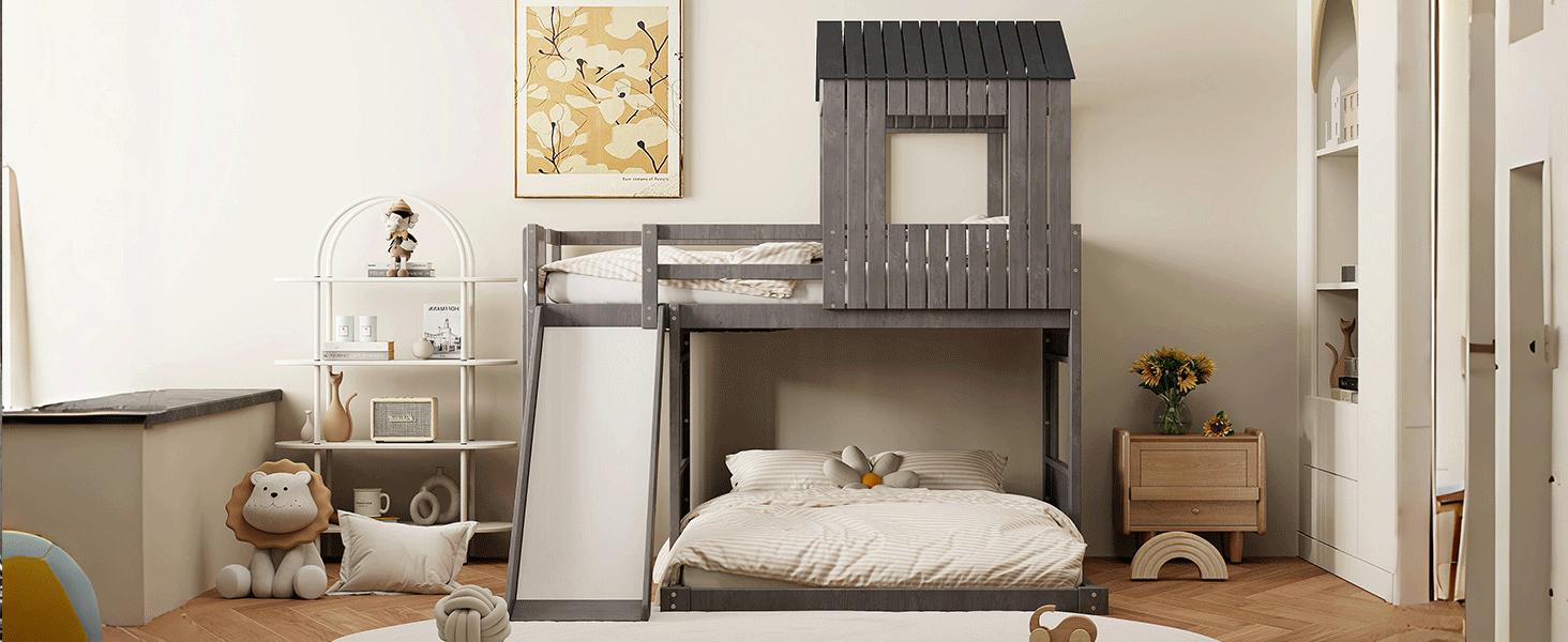 Wooden Twin Over Full Bunk Bed, Loft Bed With Playhouse, Farmhouse, Ladder, Slide And Guardrails, Antique Gray Old Sku :Lt000028Aae Twin Antique Gray Solid Wood