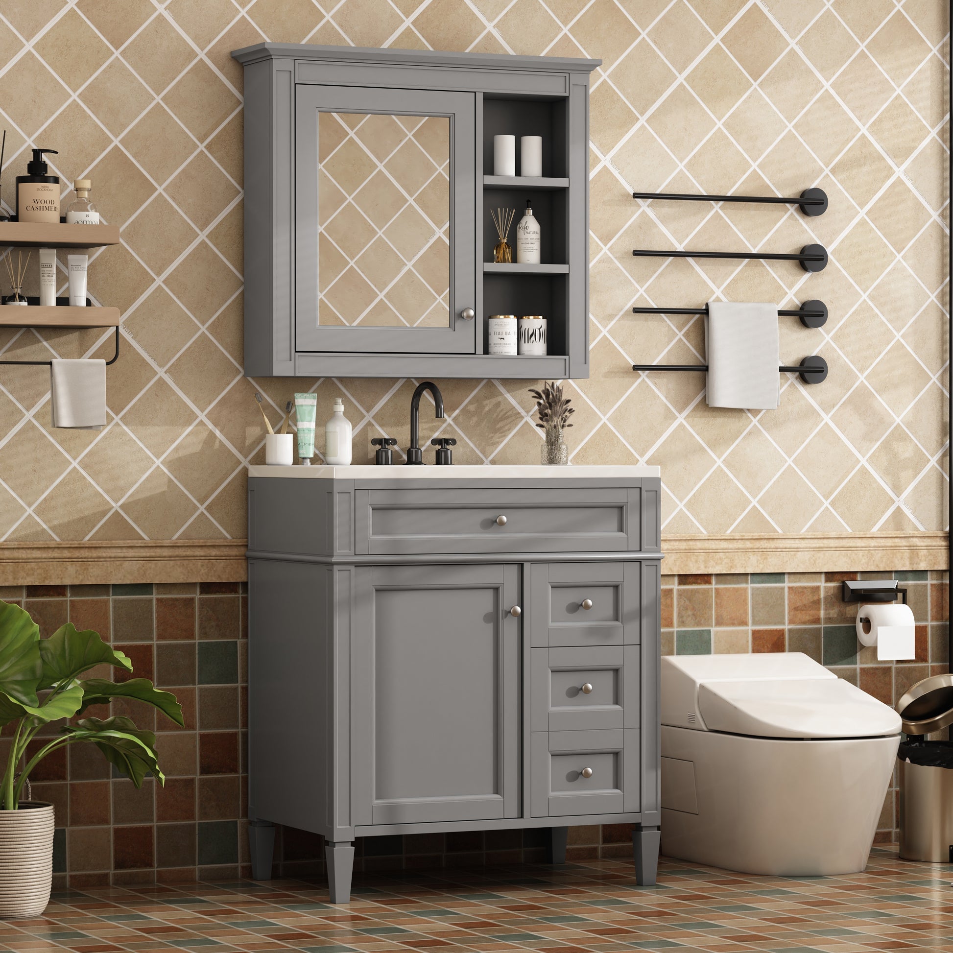 30'' Bathroom Vanity With Top Sink, Modern Bathroom Storage Cabinet With 2 Drawers And A Tip Out Drawer, Freestanding Vanity Set With Mirror Cabinet, Single Sink Bathroom Vanity 3 Grey Bathroom Solid Wood Mdf Resin Painted