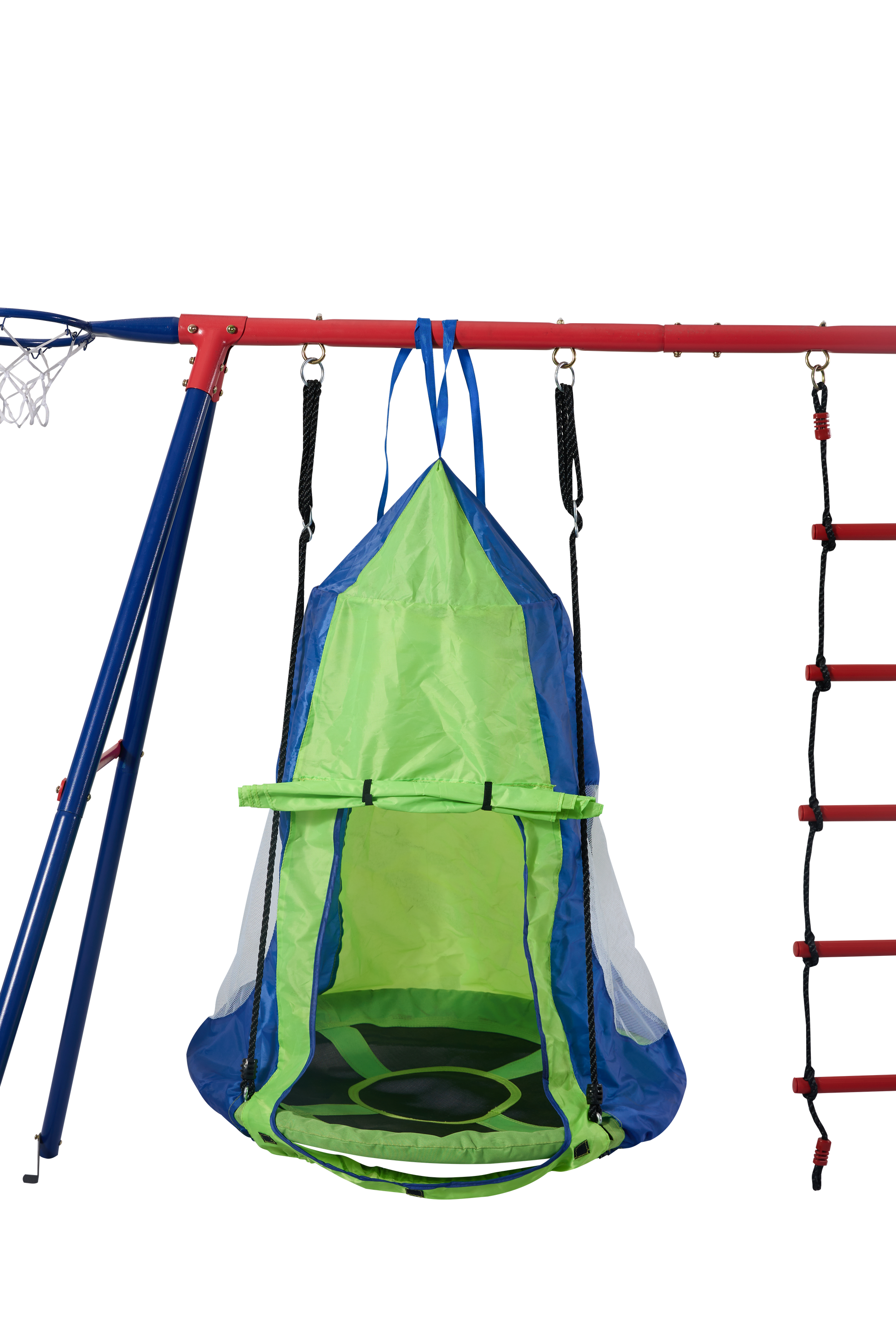 Xns092 Rinbow Colour Interesting Four Function Swingset With Net Swing And Face To Face Metal Plastic Safe Swing Seat 550Lbs For Outdoor Playground For Age 3 Blue Green Steel