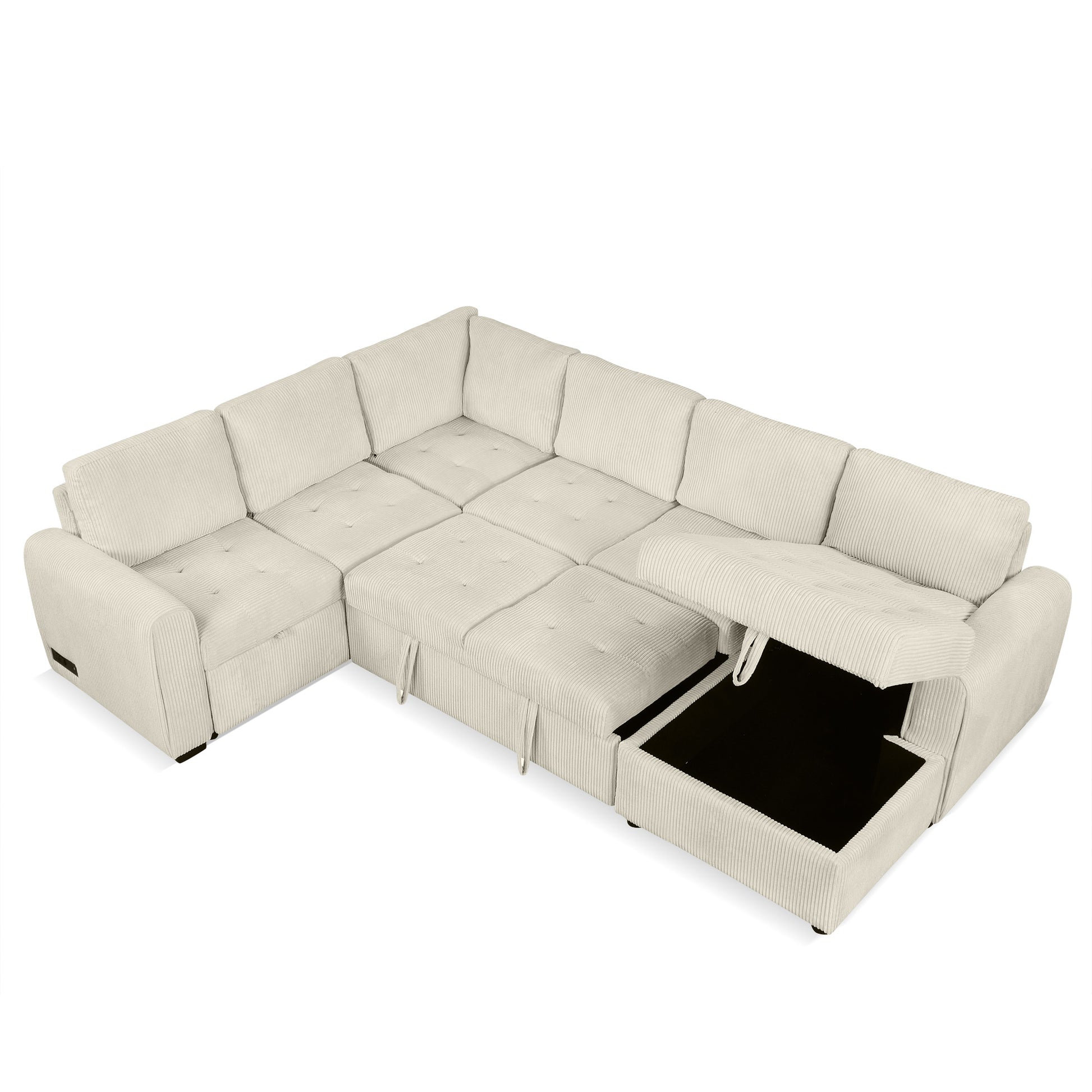 107.5" U Shaped Sofa Sectional Sofa Pull Out Sofa Bed With A Storage Chaise Lounge, Charging Devices For Living Room, Beige Beige Foam Corduroy 5 Seat