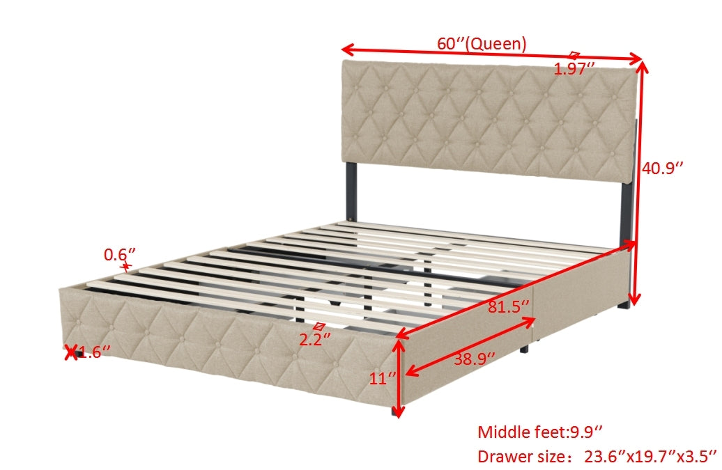 Queen Size Upholstered Platform Bed Frame With 4 Storage Drawers, Adjustable Linen Headboard, Wooden Slats Support, No Box Spring Needed, Easy Assembly, Light Beige Box Spring Not Required Queen Light Beige Wood Bedroom American Design Bed Frame Linen