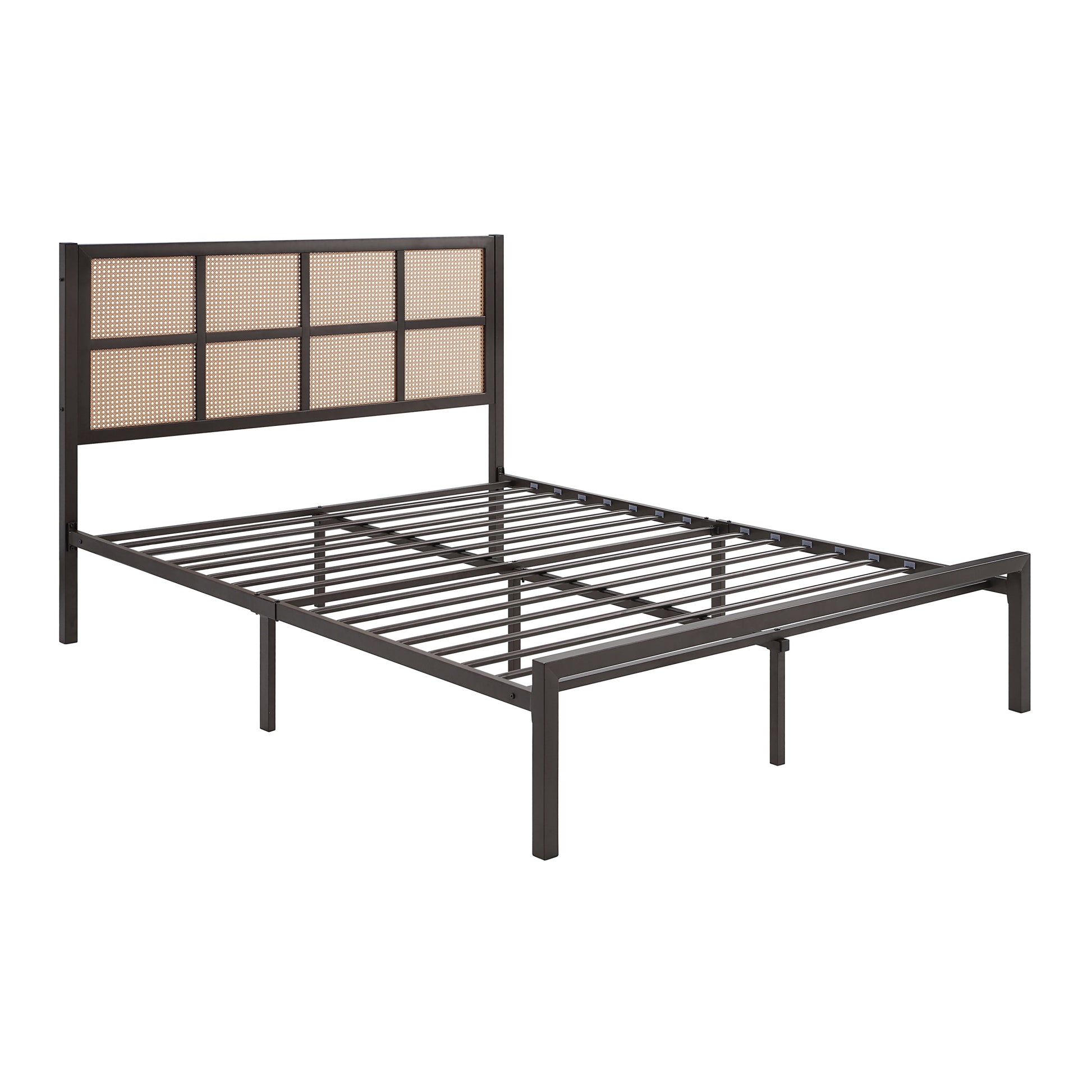 1Pc Eastern King Platform Bed, Metal Frame Dark Bronze Finish Faux Cane Panel Headboard Casual Coastal Bedroom Furniture, Bed In A Box Box Spring Not Required King Bronze Metal Bedroom Casual,Coastal Metal