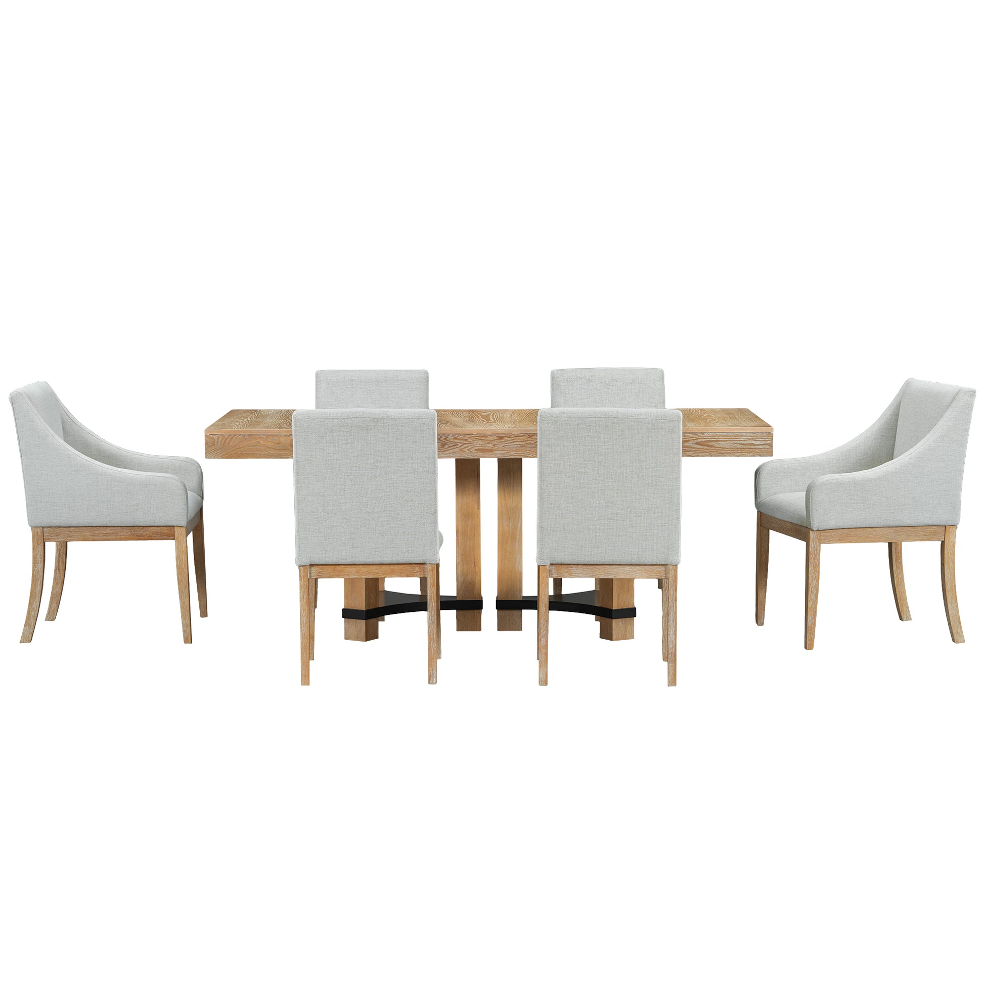 Rustic 7 Piece 76.4Inch Extendable Dining Table Set With 18Inch Removable Leaf, 2 Arm Chairs And 4 Armless Chairs, Natural Wood Dining Room Solid Wood Rubberwood Rectangular Dining Table With Chair Upholstered Chair Wood Natural Seats 6 Removable Leaf