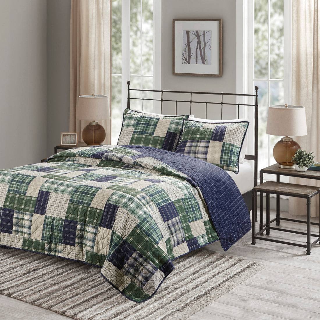 3 Piece Reversible Printed Quilt Set Green Navy King Cal King Green Navy Microfiber