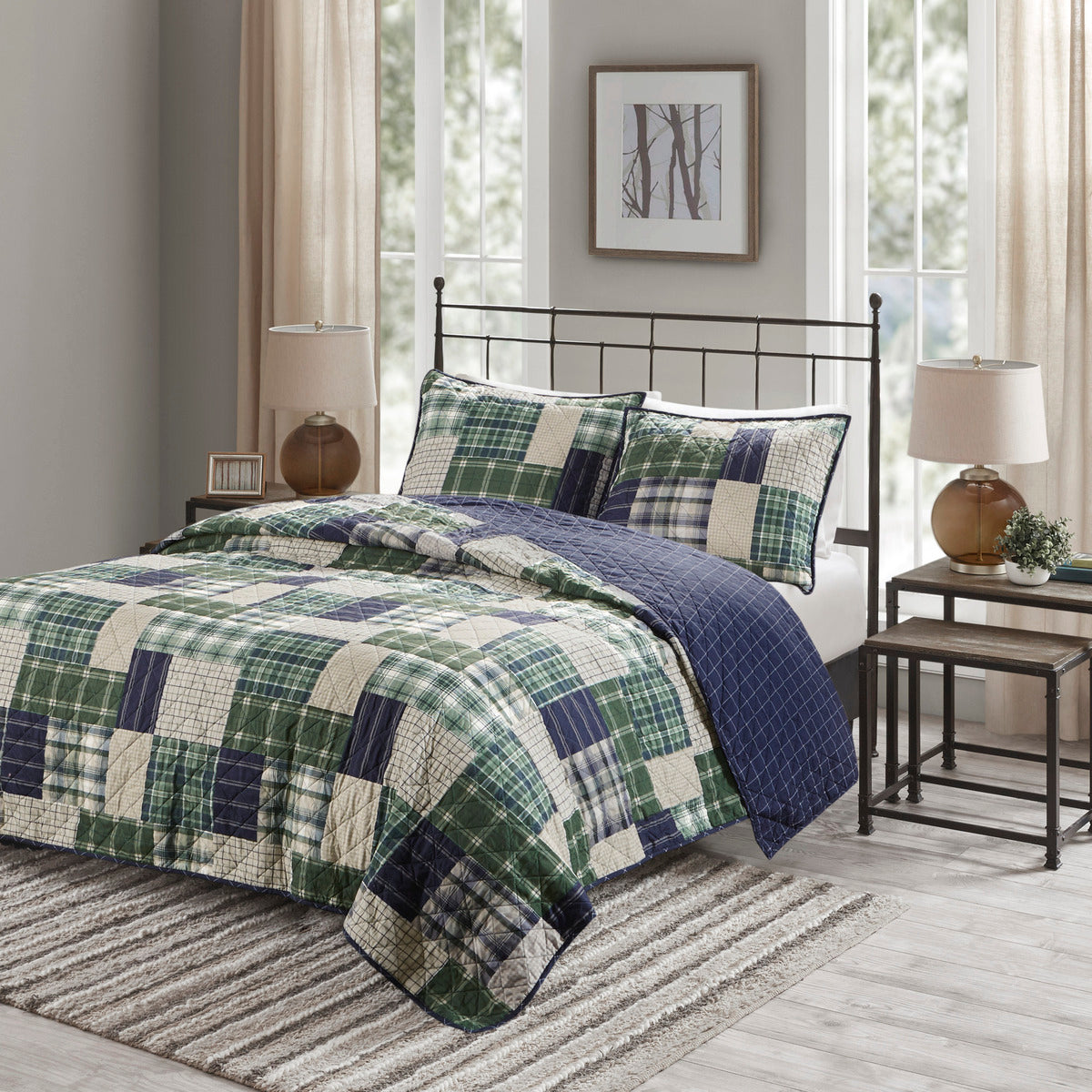 3 Piece Reversible Printed Quilt Set Green Navy King Cal King Green Navy Microfiber