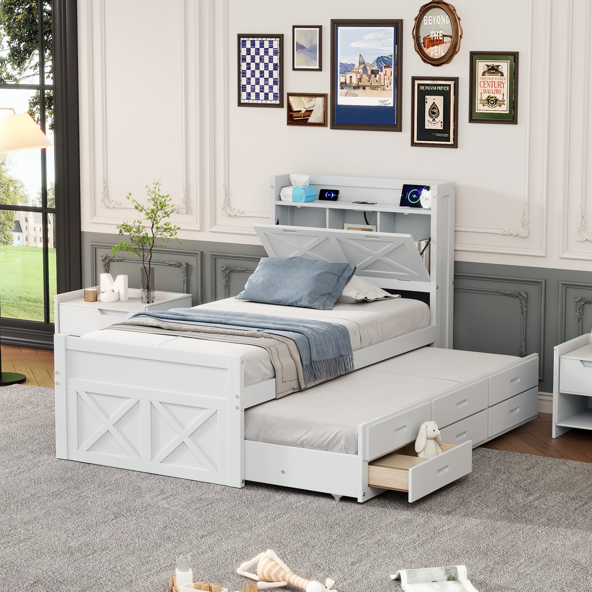 Twin Size Wooden Bed With Storage Headboard With Outlets, Extendable Bed With Twin Size Trundle With Three Storage Drawers,White Expected Arrival Time:8.23 Twin White Wood