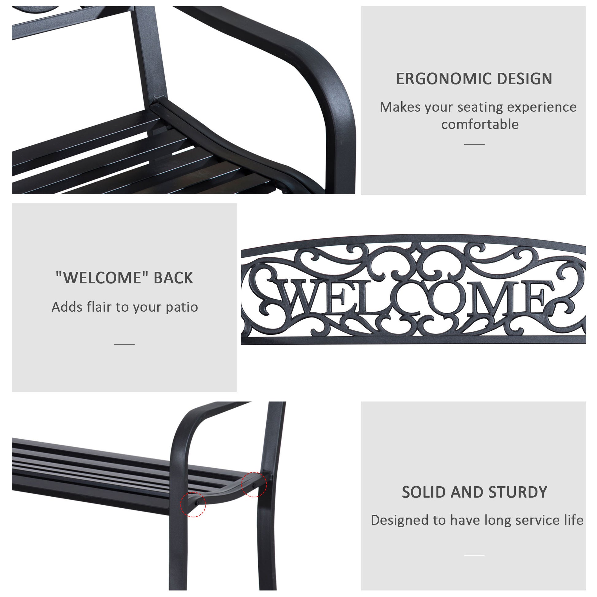 Outsunny 50" Outdoor Metal Welcome Bench, Garden Bench With Slatted Seat, Patio Bench For Park, Porch, Yard, Entryway, Black Black Iron