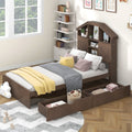 Twin Size Wood Platform Bed With House Shaped Storage Headboard And 2 Drawers, Walnut Box Spring Not Required Twin Walnut Wood Bedroom Solid Wood Mdf