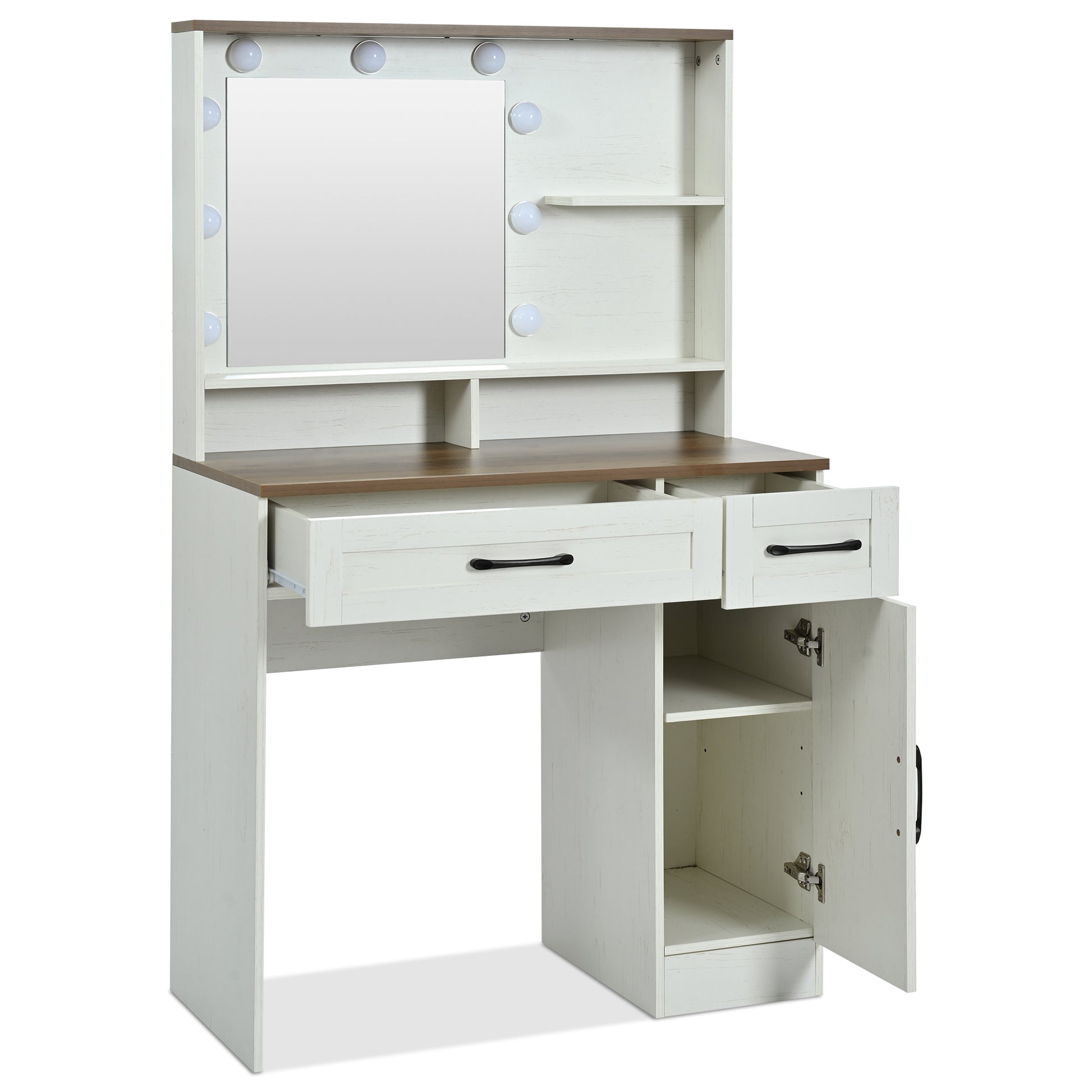 Farmhouse Makeup Vanity Desk With Mirror And Lights, 3 Lighting Modes, Vanity Set With Stool, Dressing Table With Adjustable Shelves,2 Drawers And Side Cabinet For Bedroom, White Brown White Bedroom