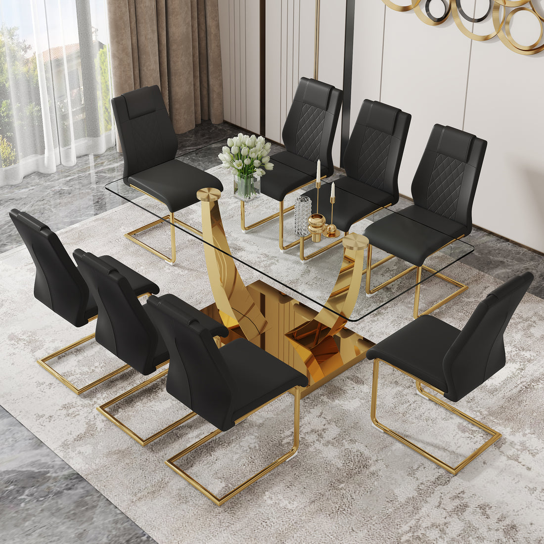 Table And Chair Set.Modern Rectangular Dining Table With Transparent Tempered Glass Tabletop And Gold Plated Metal Legs.Paried With 8 Comfortable Chairs With Pu Seats And Golden Metal Legs. Black Gold,Transparent Seats 8 Glass Metal