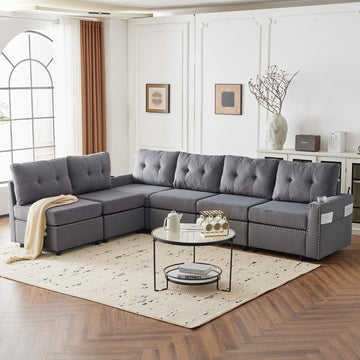 Velvet Modular Combination Sofa With Storage, Living Room Combination Sleeper Sofa Gray Gray Wood Primary Living Space Cushion Back Extra Heavy Duty Modern Foam Velvet 6 Seat