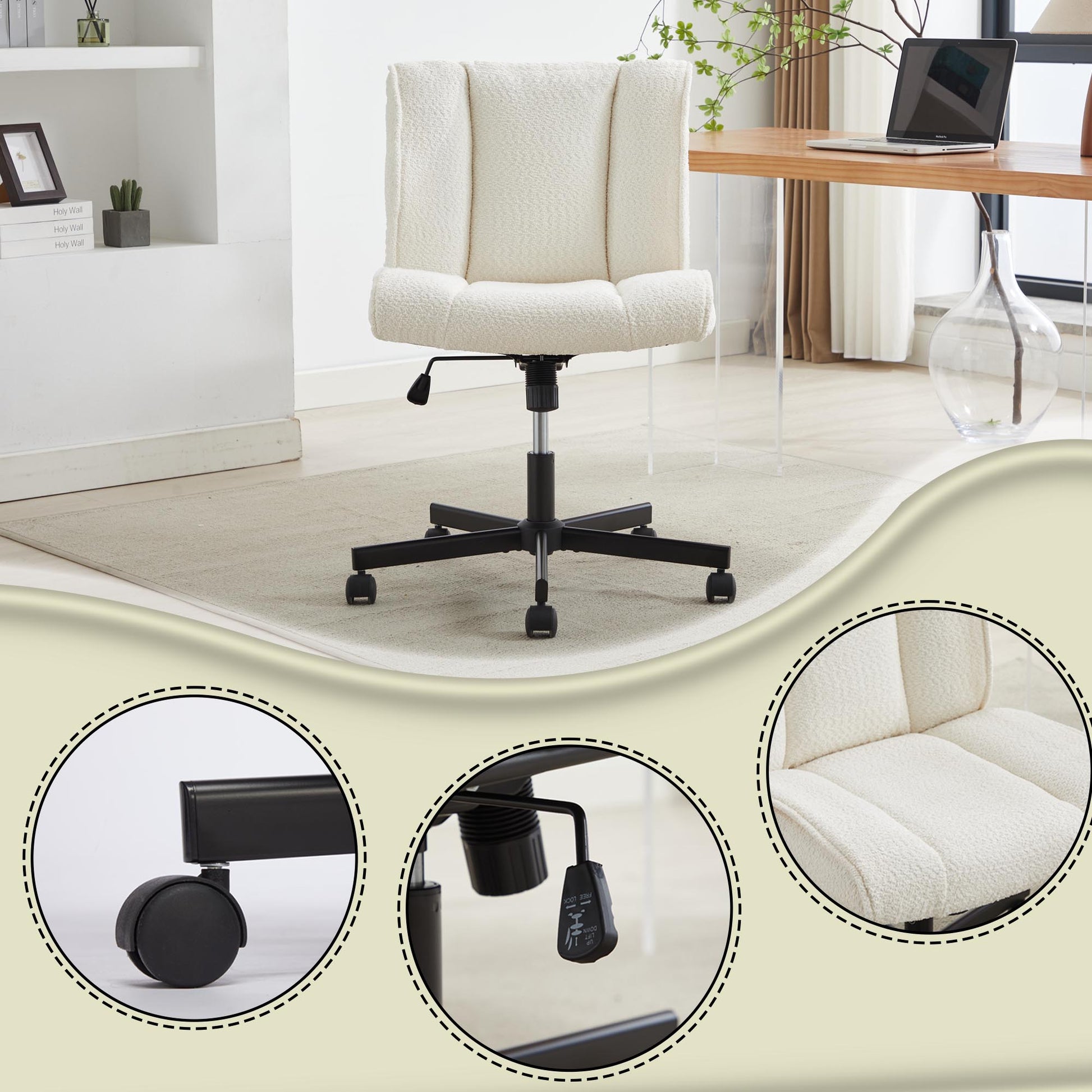 Armless Desk Chairs With Wheels Office Chair Vanity Chair With Technical Cloth Adjustable Swivel Computer Task Chairs For Home Base, Bedroom White White Polyester Blend