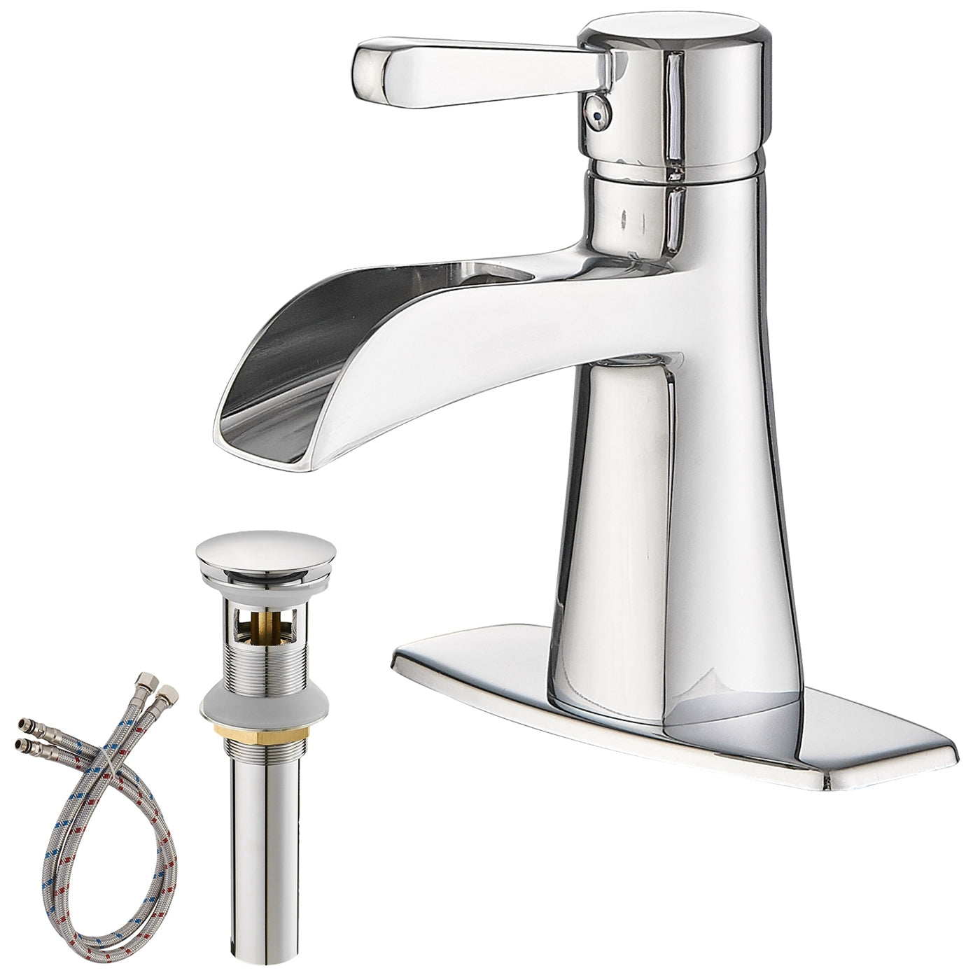 Polished Chrome Single Handle Bathroom Faucet With Waterfall Spout And Drain Chrome Brass