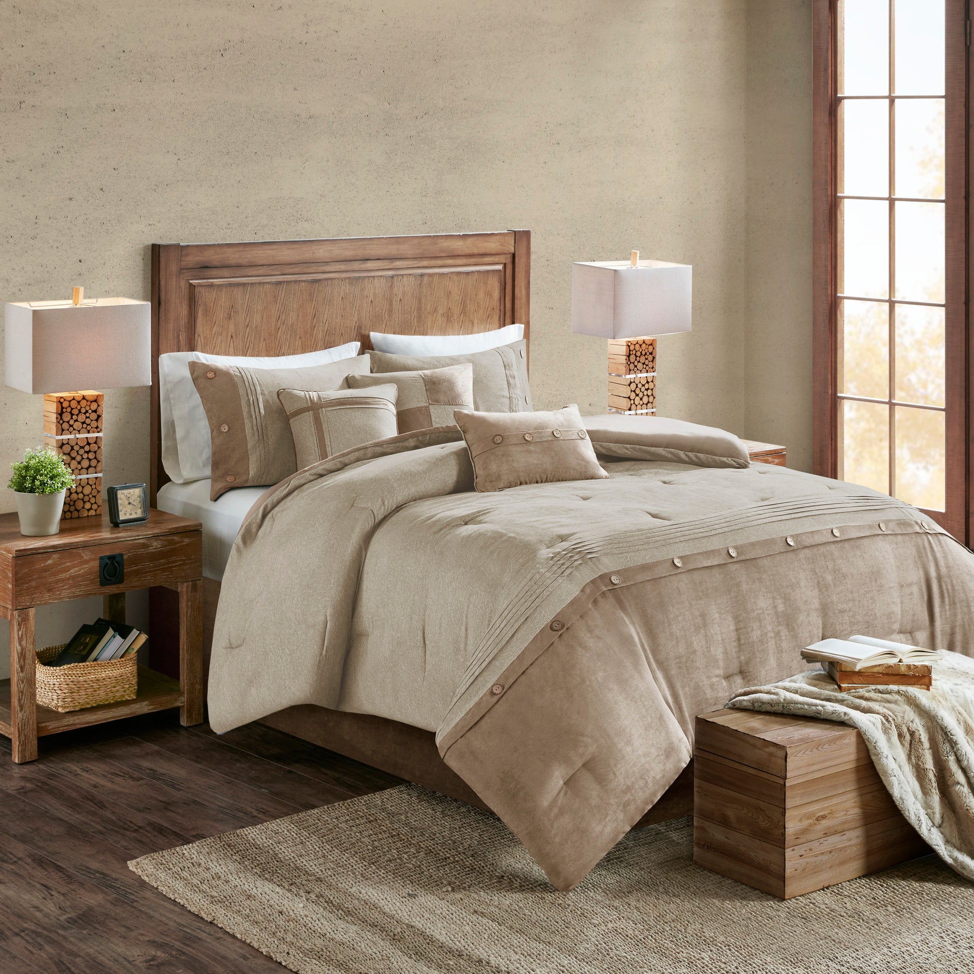 7 Piece Faux Suede Comforter Set Tan King King Tan Polyester