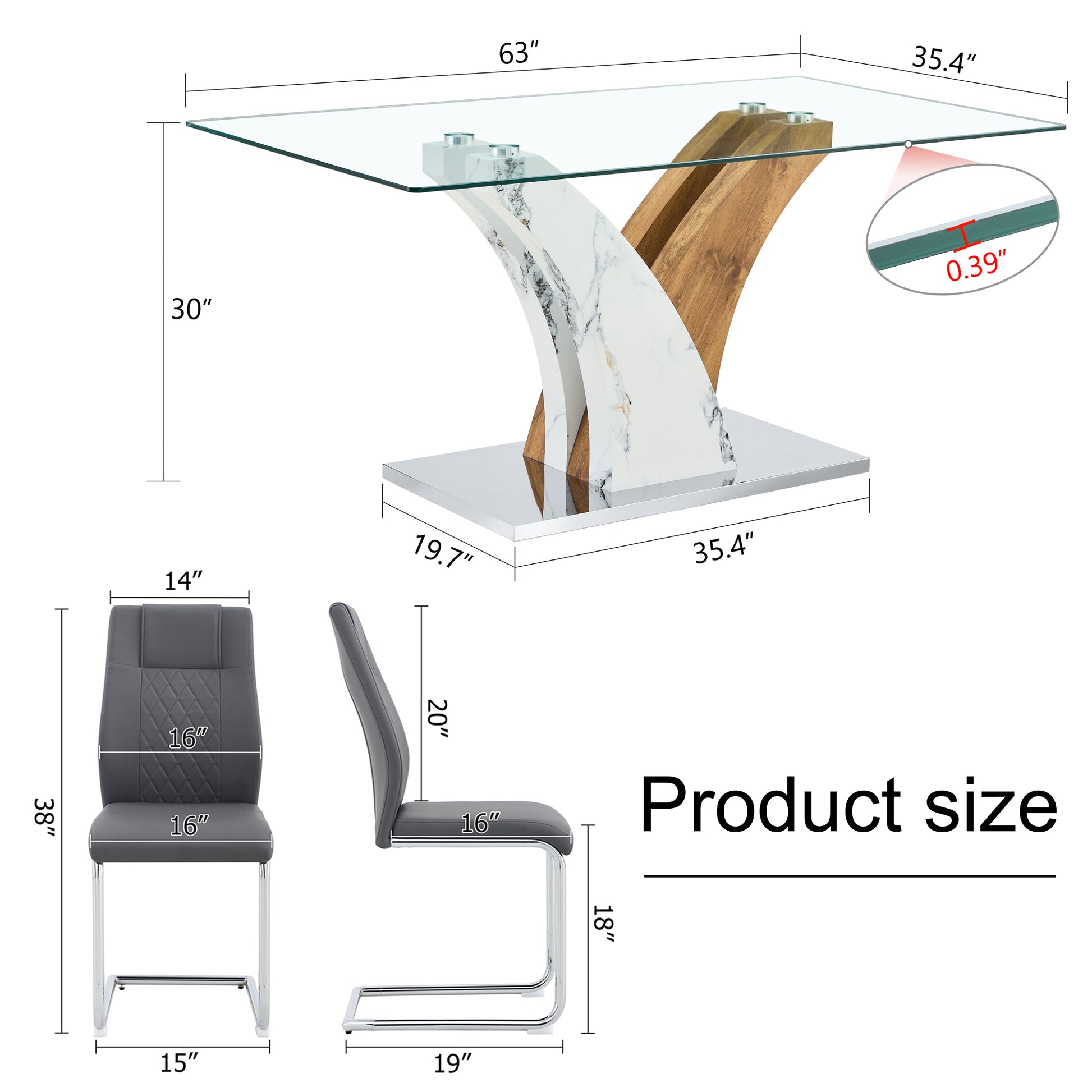 Table And Chair Set.Modern Dining Table, Tempered Glass Countertop With Artistic Mdf Legs.Paried With 4 Comfortable Chairs With Pu Seats And Metal Legs. Suitable For Various Decoration Styles. Gray,Transparent Seats 4 Mdf Glass