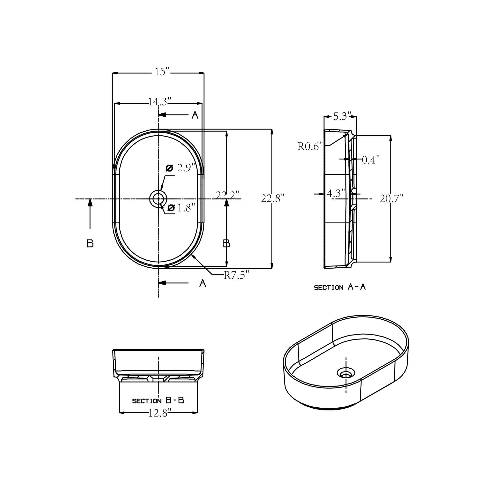 Solid Surface Basin Matte White Contemporary Solid Surface