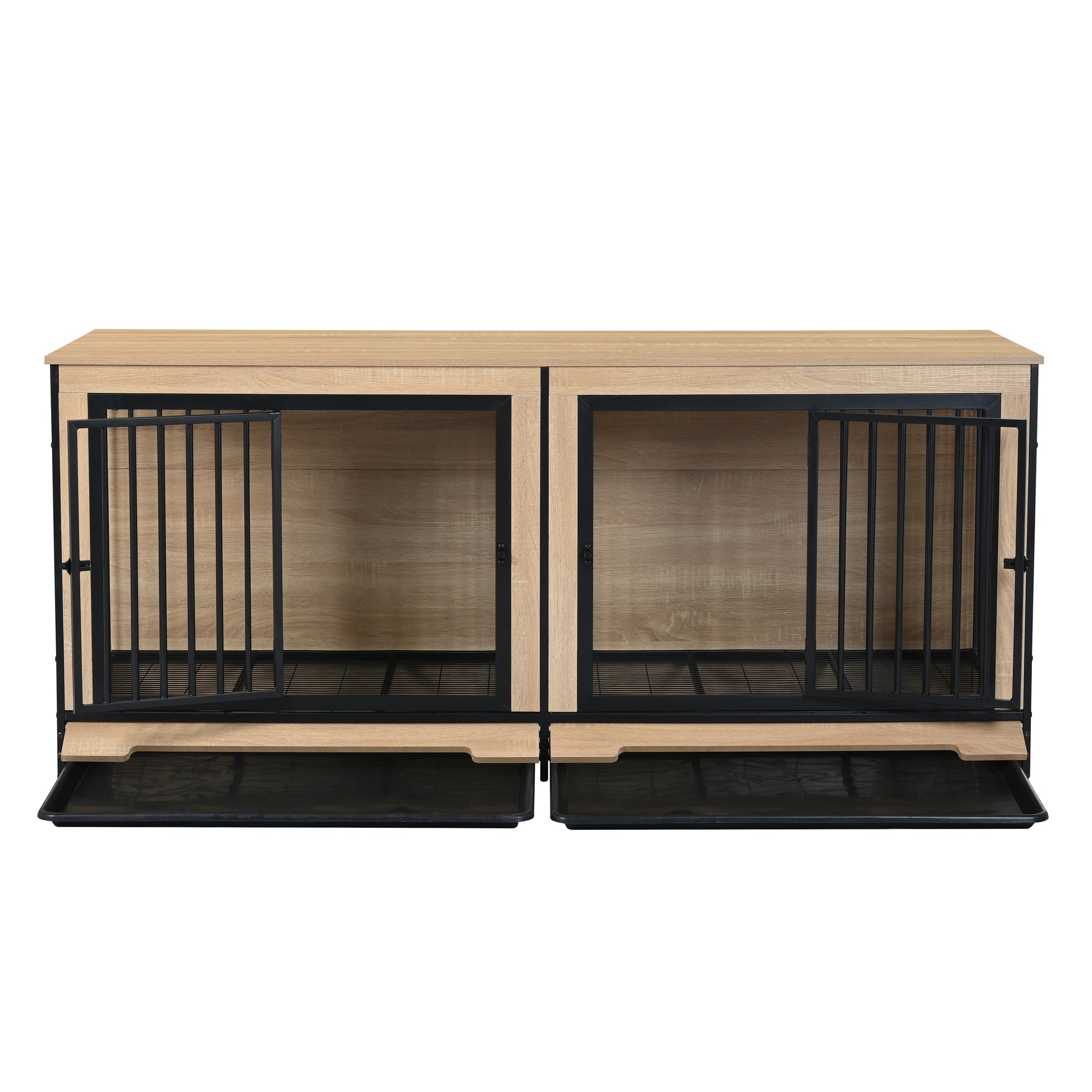 Dog Crate Furniture With Two Combined Room, Xl Large Double Dog Cage Furniture With Tray For Medium Large Dogs, Wooden Dog Kennel Furniture Black Natural Mdf Iron