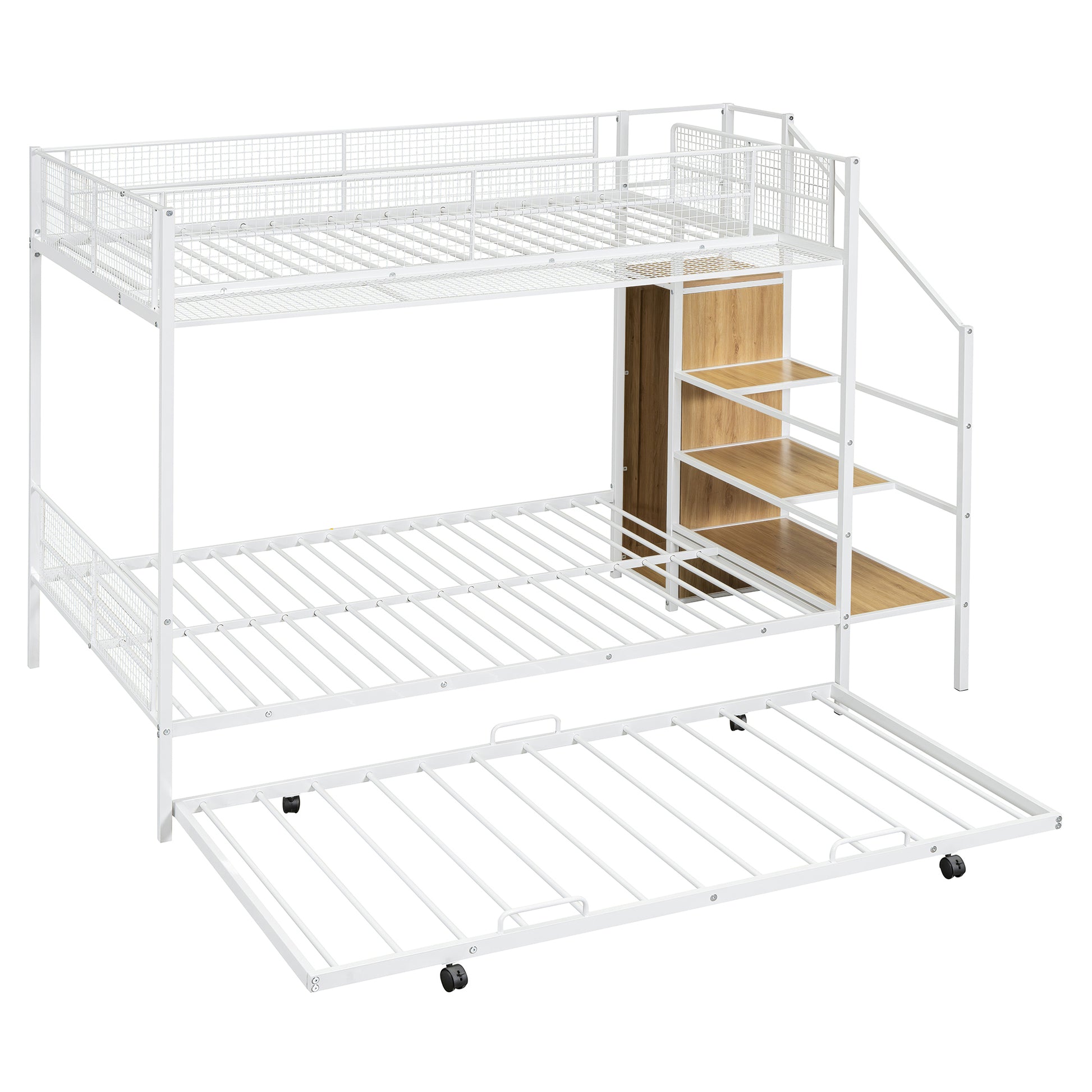 Twin Over Full Metal Bunk Bed With Trundle And Lateral Storage Ladder And Wardrobe, White White Metal