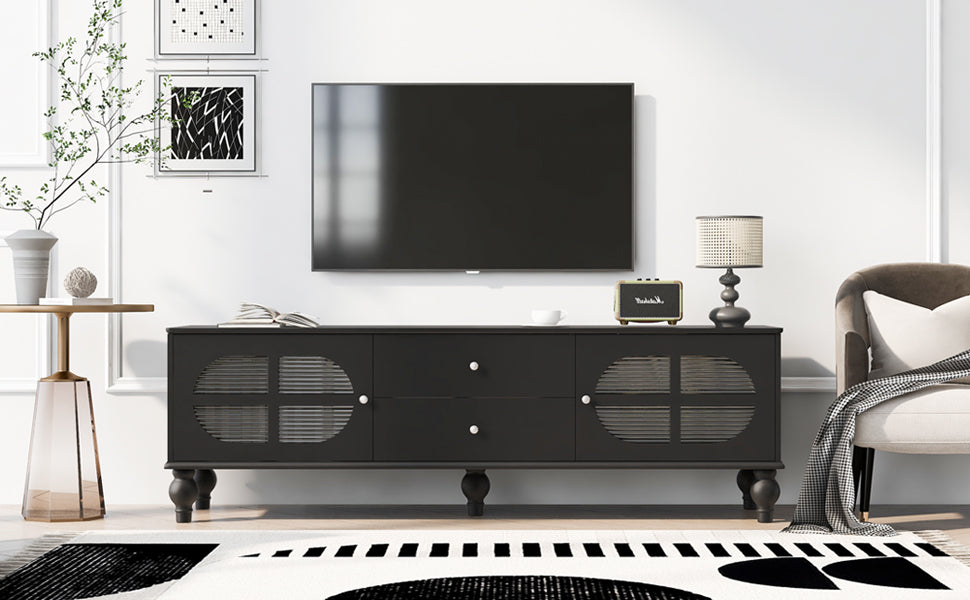 68.9'' Modern Tv Stand For Tvs Up To 75 Inches, Entertainment Center Media Console With Fluted Glass Doors, Five Solid Wood Legs For Living Room Black 70 79 Inches Mdf