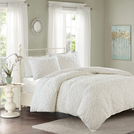 3 Piece Tufted Cotton Chenille Duvet Cover Set Queen Off White Cotton