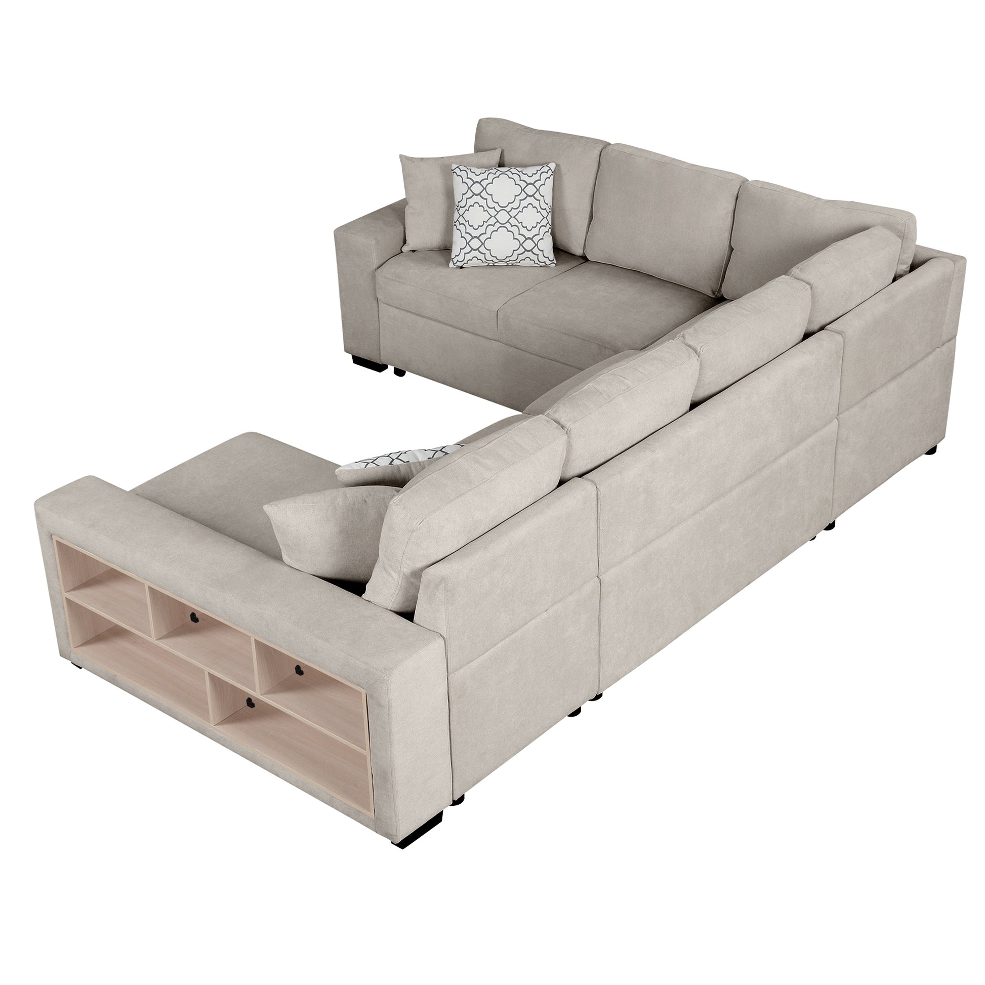 109" U Shaped Sectional Sofa Pull Out Sofa Bed With Two Usb Ports, A Storage Chaise Lounge And Four Back Pillows For Living Room, Beige Beige Foam Chenille 5 Seat