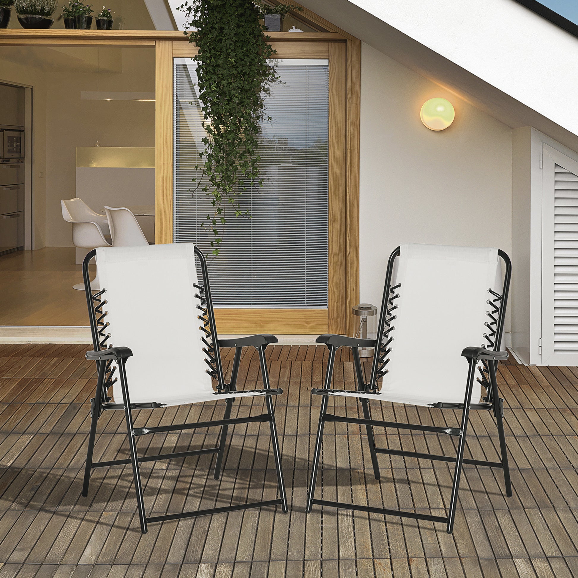 Outsunny Set Of 2 Patio Folding Chairs, Outdoor Bungee Sling Chairs W Armrests, Portable Lawn Chairs For Camping, Garden, Pool, Beach, Backyard, Cream White White Steel