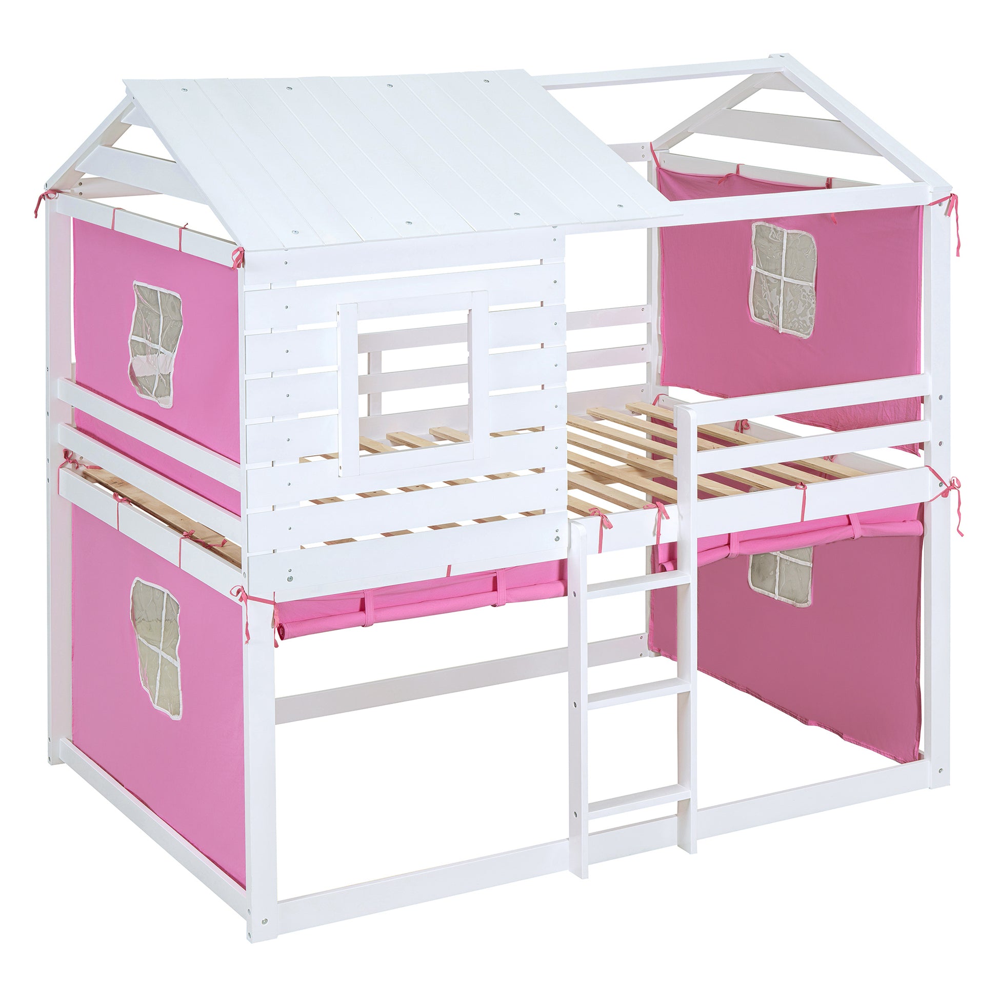 Full Size Bunk Wood House Bed With Tent, Pink White Full Pink White Solid Wood Mdf