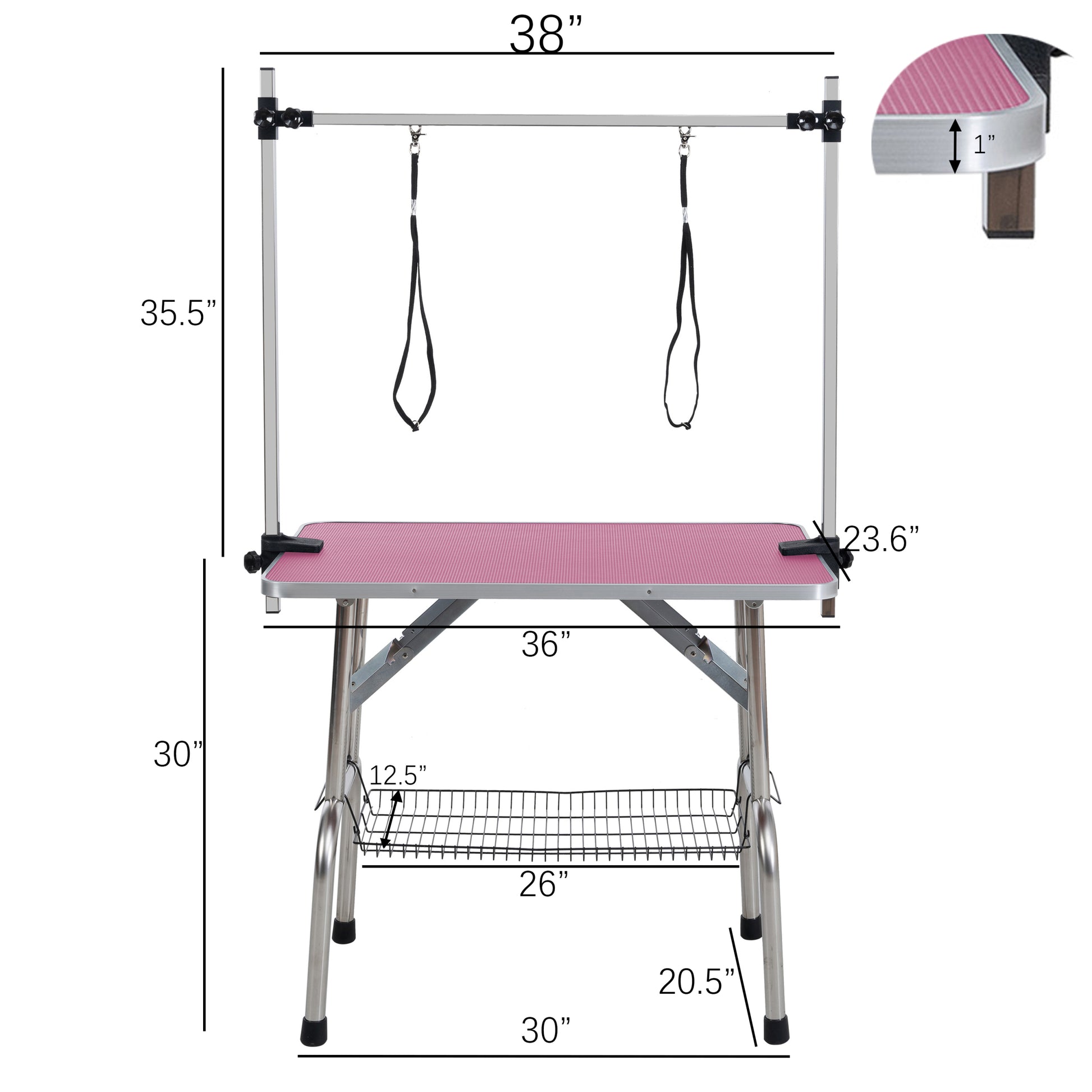 36" Folding Dog Pet Grooming Table Stainless Steel Frame Rubber Mat On Board With Adjustable Arm And Clamps Pet Dog Cat Grooming Table Pink Color Pink Rubber Stainless Steel