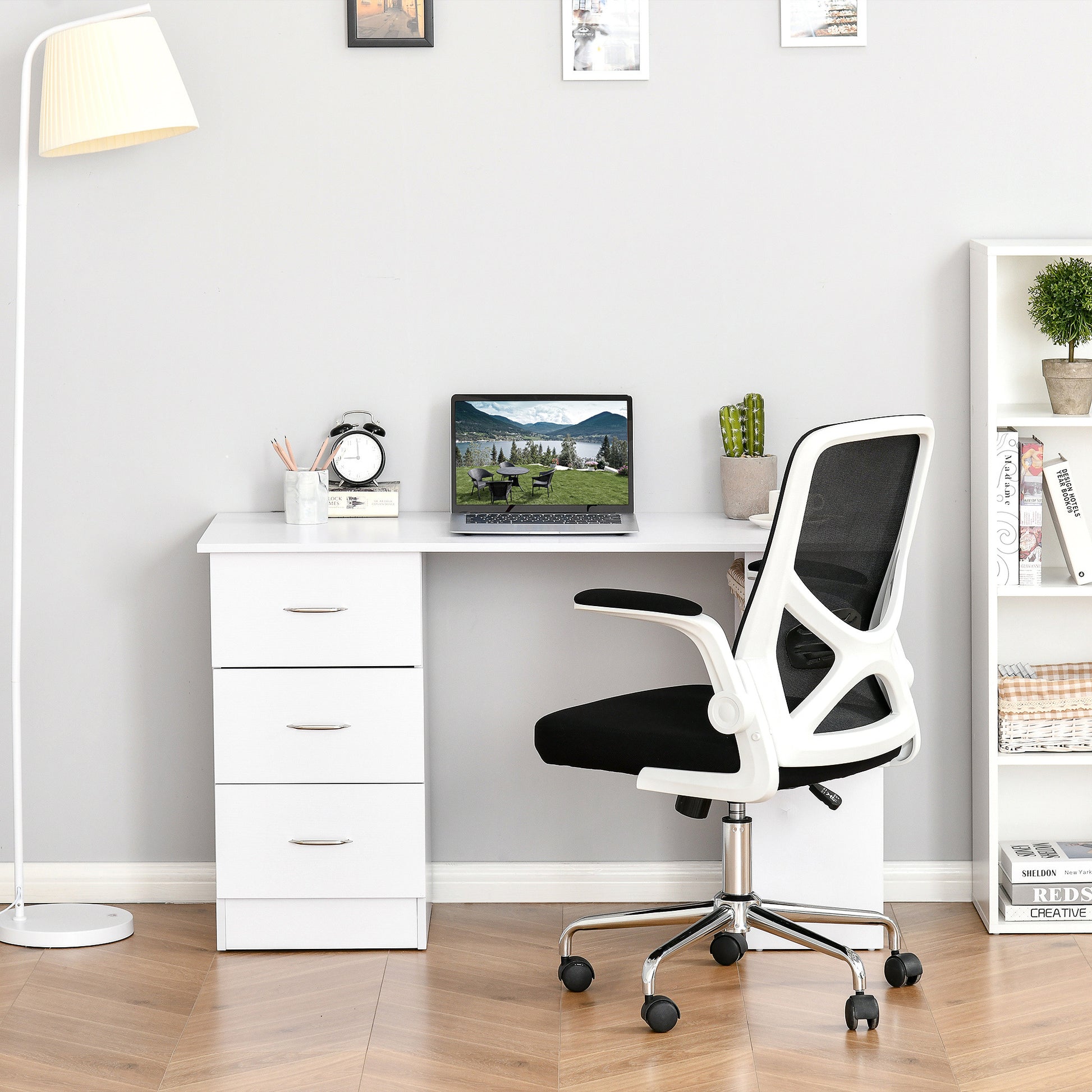 Homcom 47" Modern Home Office Computer Desk Bookcase Combo Writing Table Workstation With 3 Drawer And Storage Shelf White White Mdf