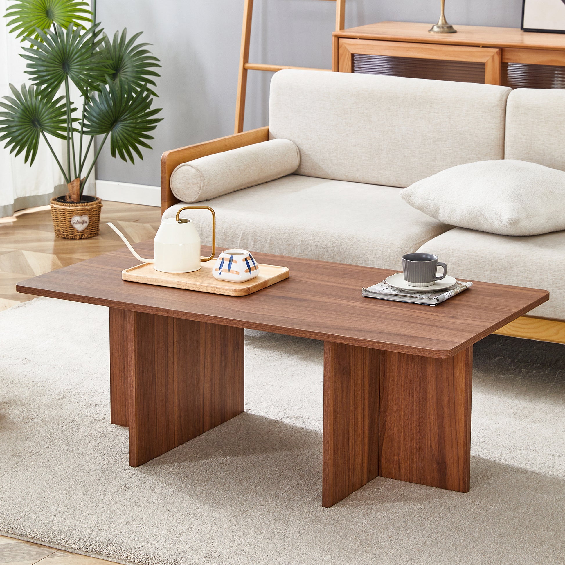 44.8 Inch Walnut Wood Grain Mdf Coffee Table Modern Luxury, Stable Triangular Support.The Coffee Table Is Made Of Medium Density Fiberboard Material And Is Suitable For Living Rooms, Bedrooms,Etc.