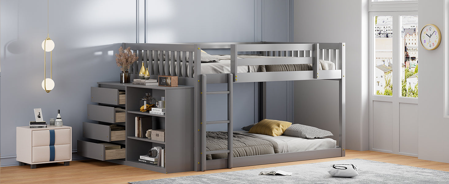 Full Over Full Bunk Bed With 4 Drawers And 3 Shelves Gray Full Gray Solid Wood