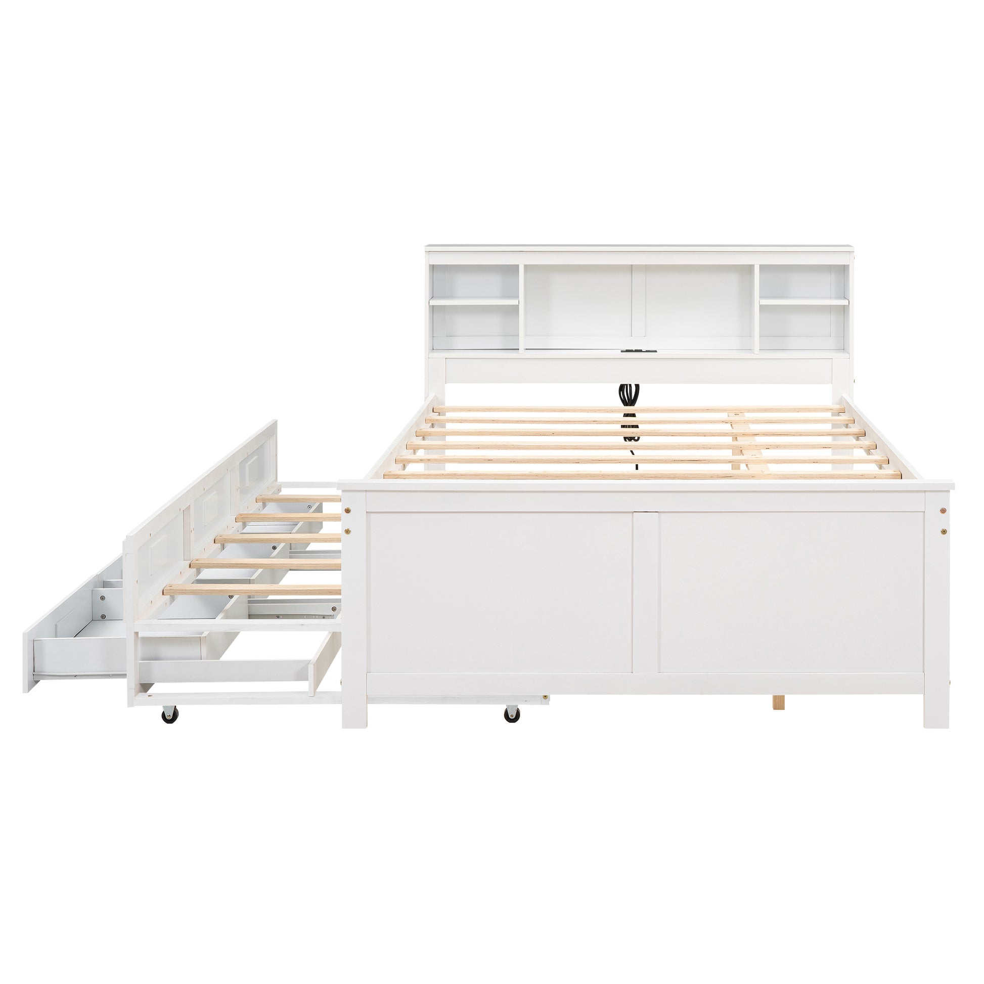 Full Size Platform Bed With Storage Headboard, Usb, Twin Size Trundle And 3 Drawers, White Box Spring Not Required Full White Wood Bedroom Bed Frame Solid Wood Mdf
