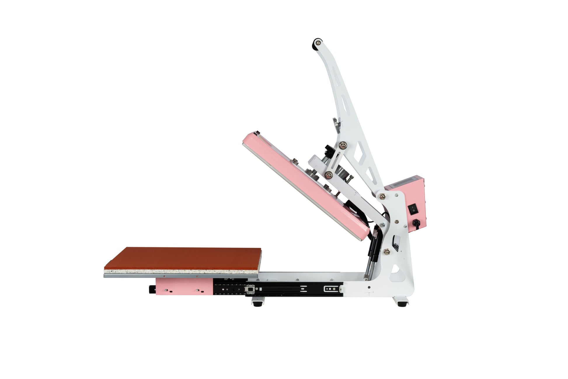 13X18 Semi Automatic Heat Press Machine With Auto Open And Slide Out Base Pink White Aluminium