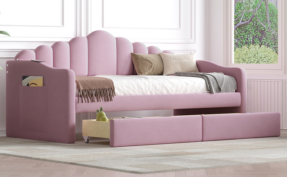 Twin Size Upholstered Daybed With 2 Drawers ,Velvet Sofabed With Usb Charging Ports,No Box Spring Needed,Pink Twin Pink Velvet