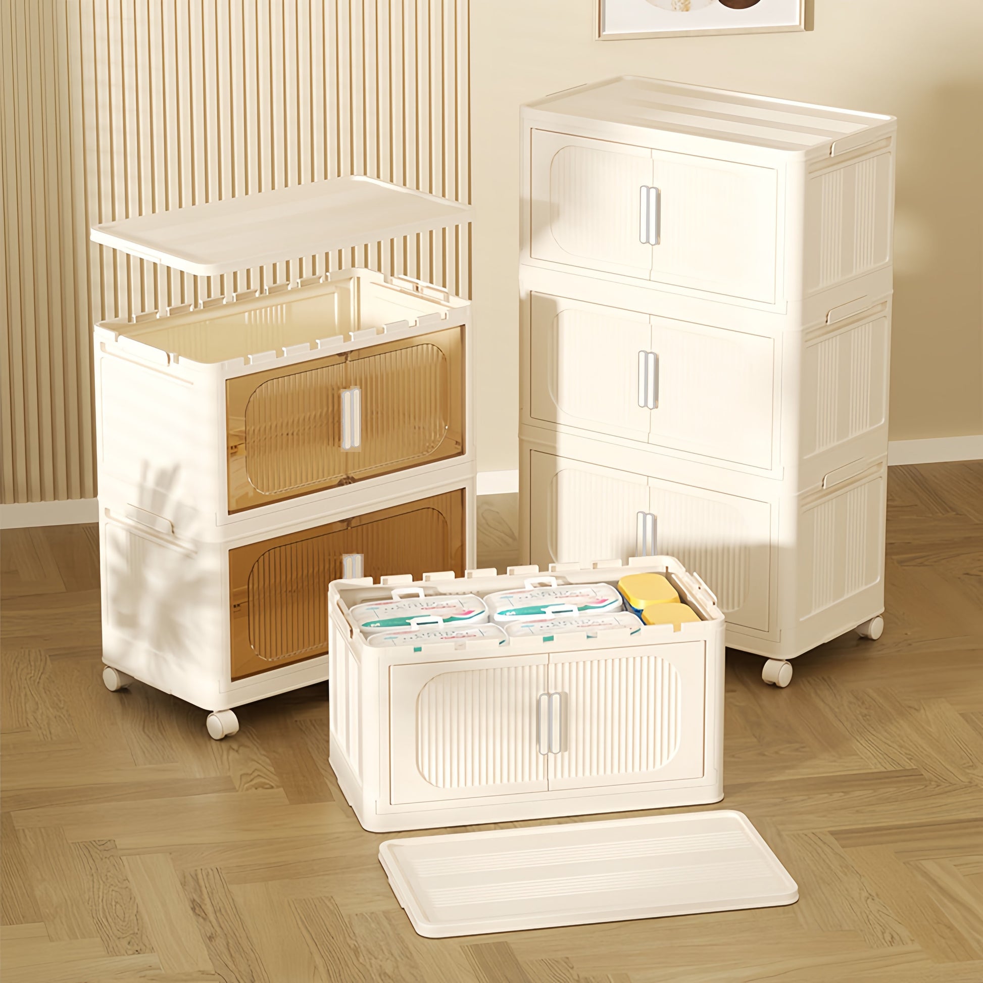 Cream White,19.69" Side Wide Folding Storage Cabinet ,4 Tiers,19.69" 11.81" 40.55",Collapsible Storage Bins With Magnetic Door, Plastic Storage Cabinet With Wheels Cream White Plastic