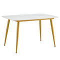 Modern Minimalist Dining Table. White Imitation Marble Patterned Stone Burning Tabletop With Golden Metal Legs. 50 