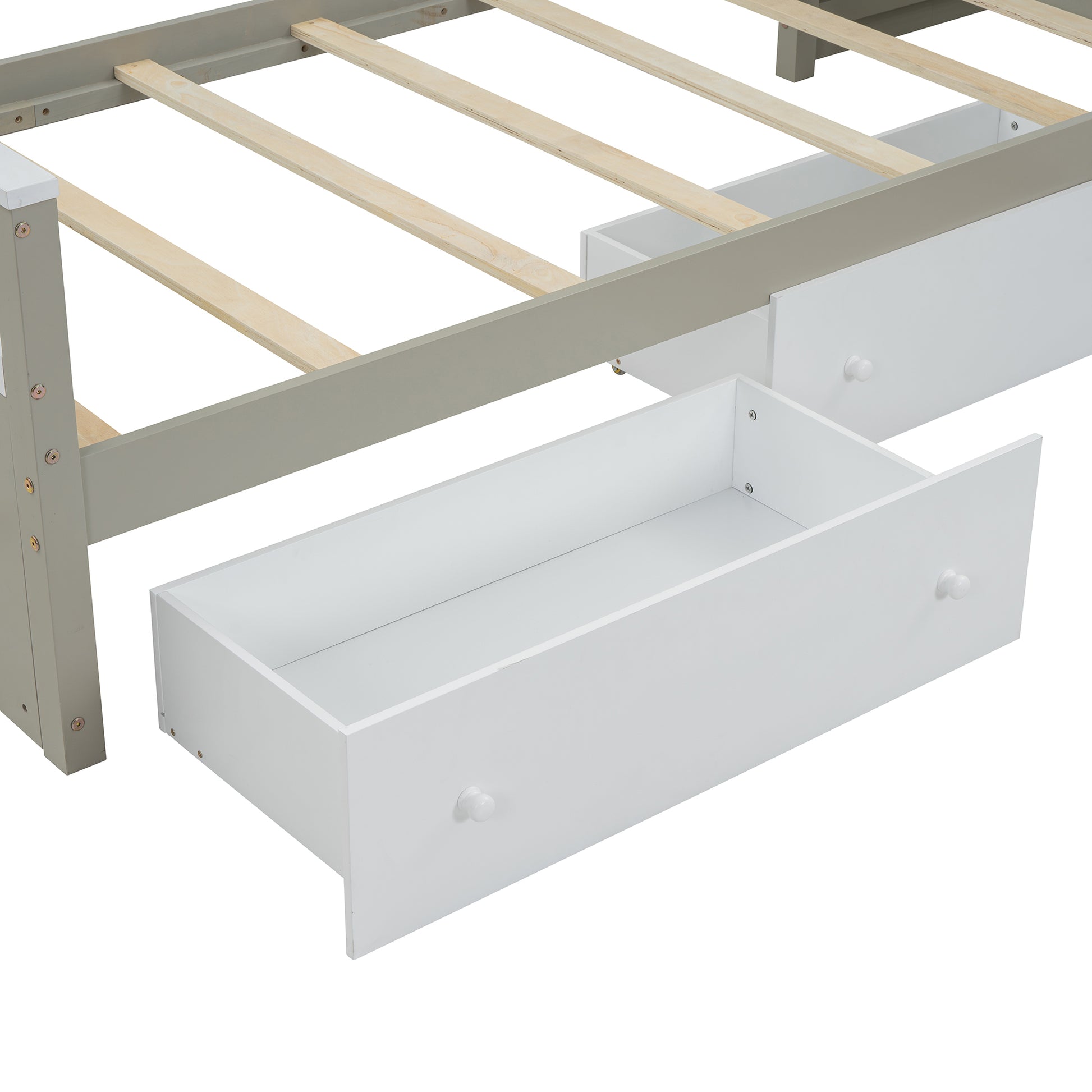 L Shaped Space Saving Twin Loft And Twin Platform Bed With 7 Drawers And Full Guardrails White Light Brown Twin Brown White Solid Wood
