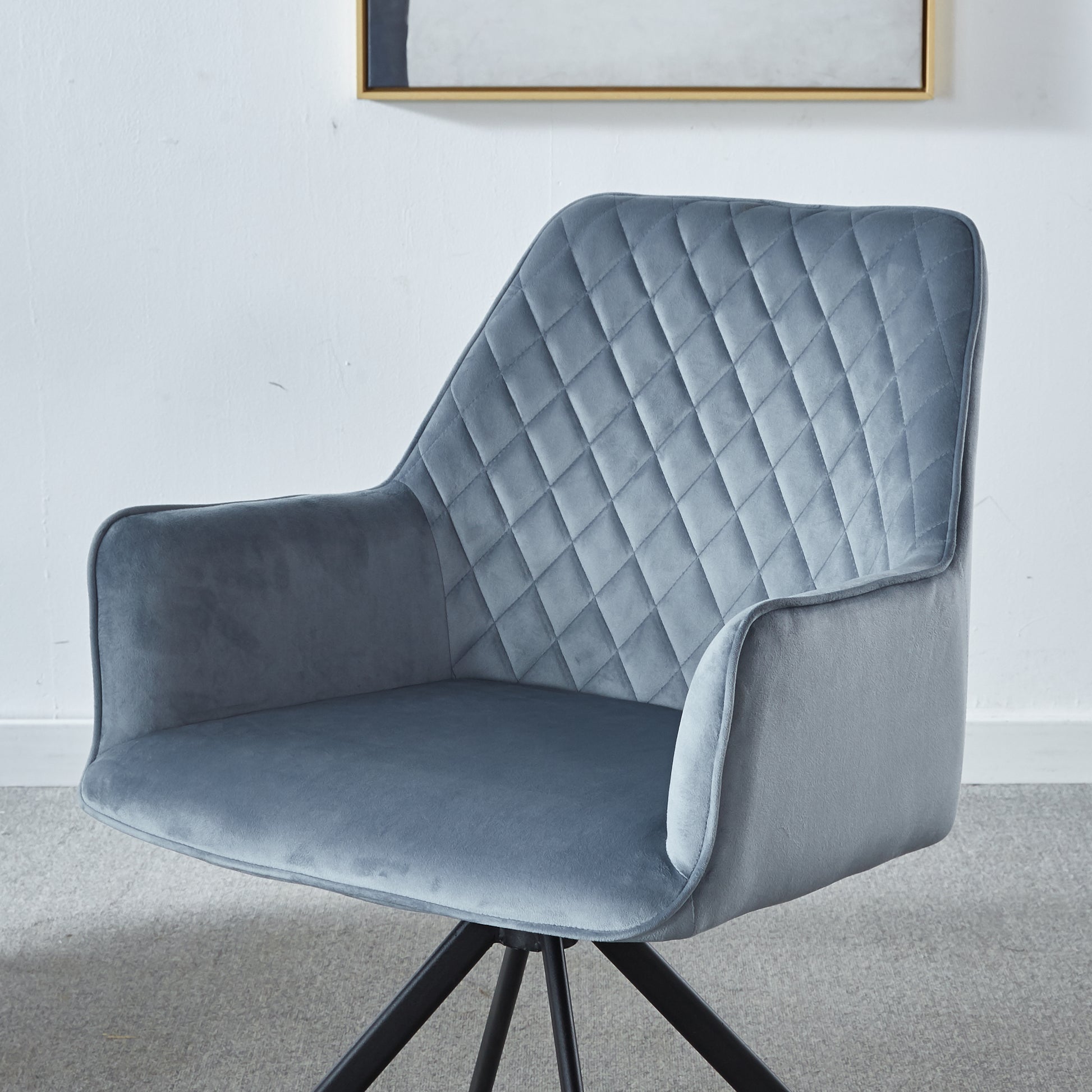 Modern Desk Chair No Wheel, Ergonomic Office Chair Home Office Upholstered Chair, Computer Chair For Bedroom, Reception Room, Living Room With Metal Legs Blue Fabric Metal