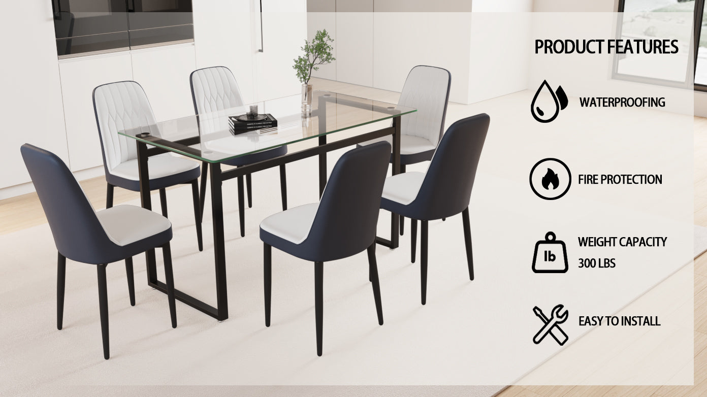 51" 6 Person Glass Dining Table Set, Kitchen Set With Black Metal Leg Dining Table And Chairs, Modern Rectangular Tempered Glass Tabletop And Dining Room Thick Cushioned Pu Dining Chairs Black White