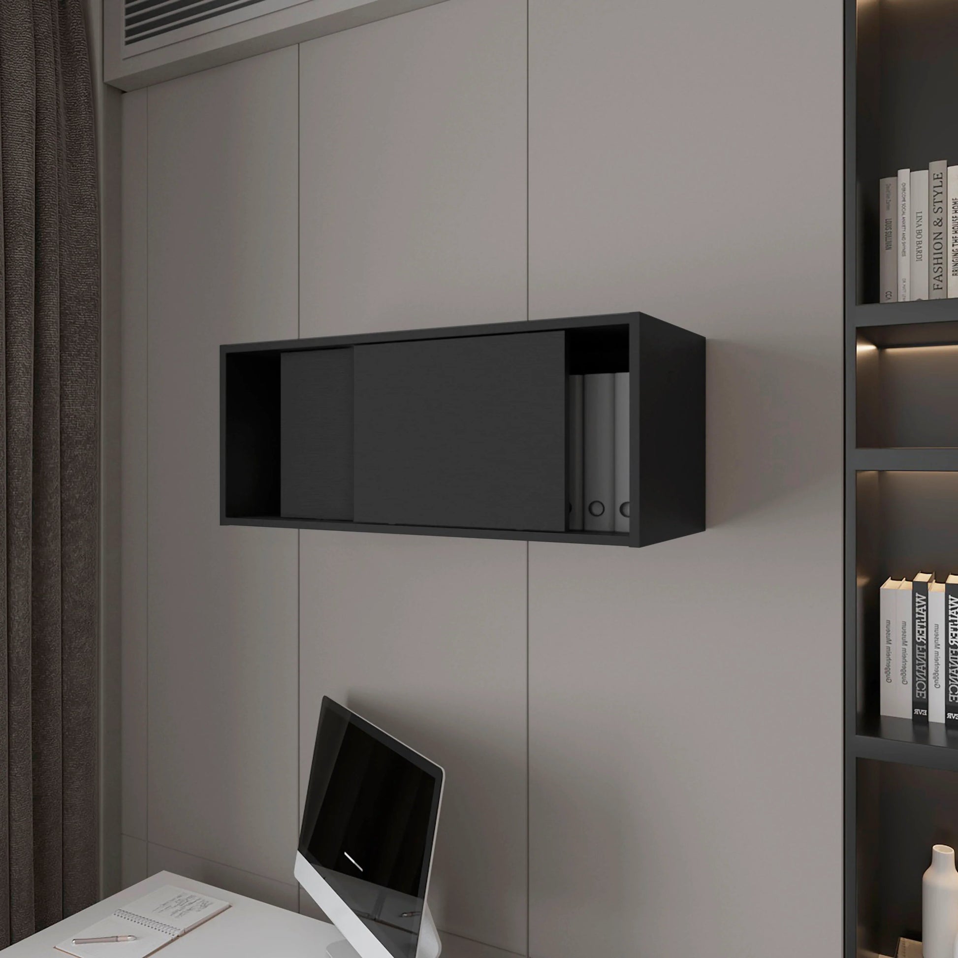 Black Floating Cabinet With Sliding Door Wall Mounted 1 2 Shelves Black Primary Living Space Sliding Doors Modern Particle Board